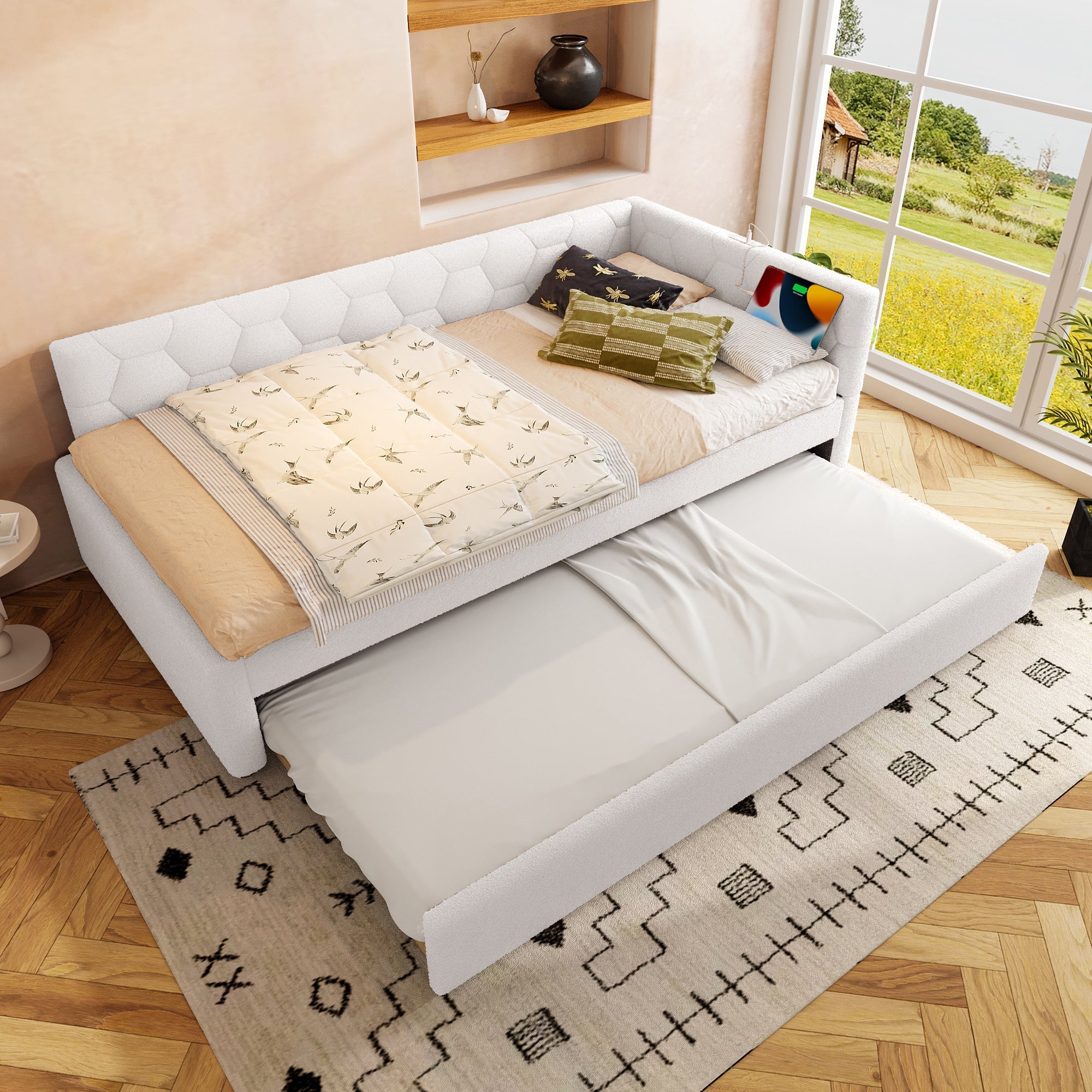 Daybed Sofa Bed 90x200cm Pull-Out Bed Lamp USB/Type-C - Fleece Imitation White
