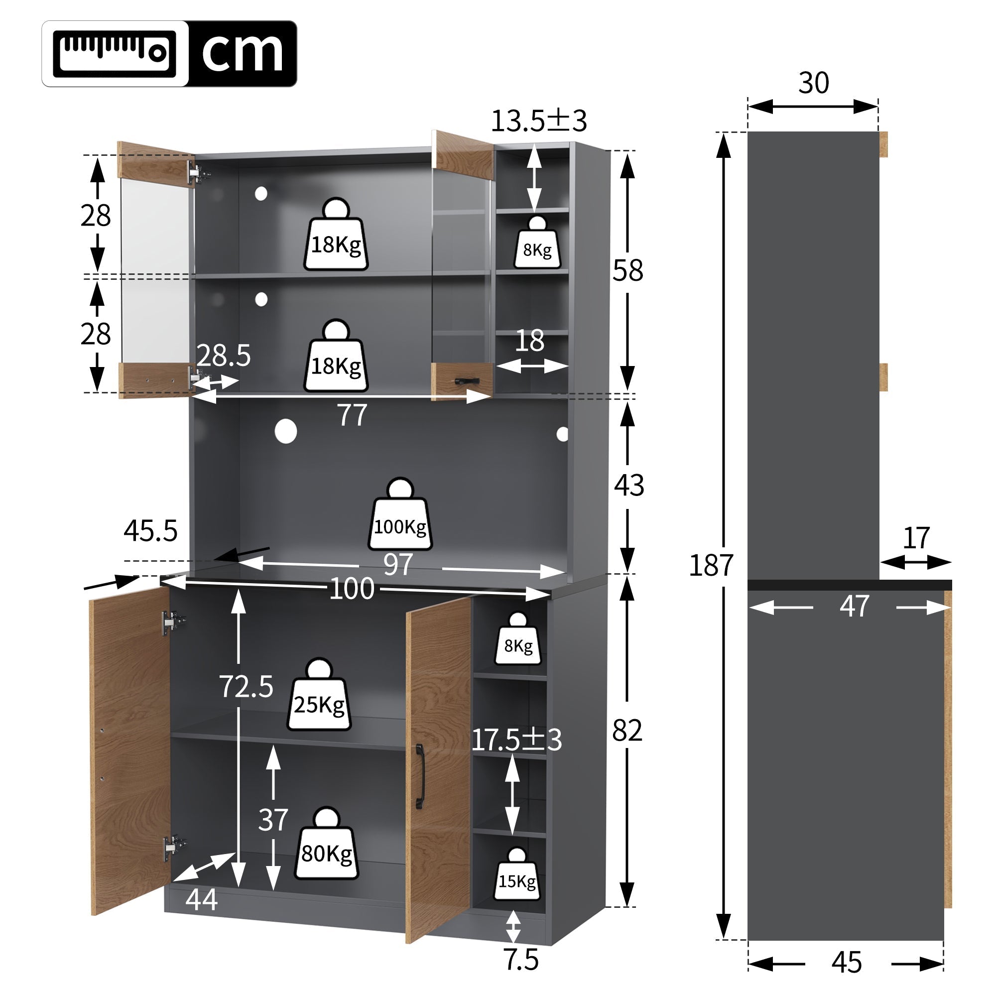 Kitchen Highboard Buffet 100x187cm LED Lighting Microwave Storage - Wooden