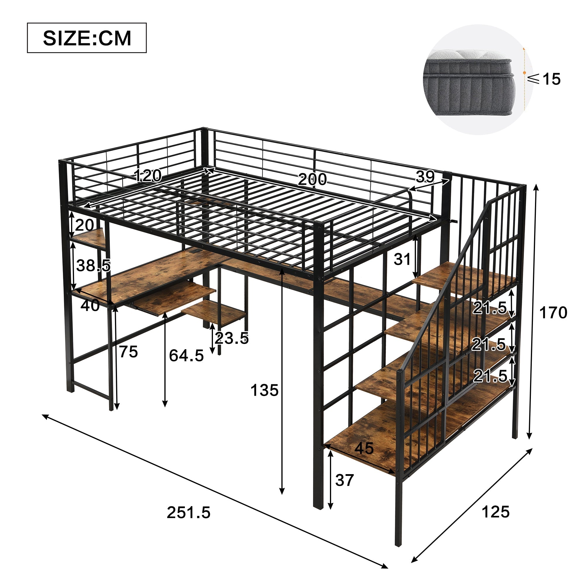 Iron Loft Bed, Charging Port Corner Stairs Desk Storage 120x200cm, Black Iron + MDF