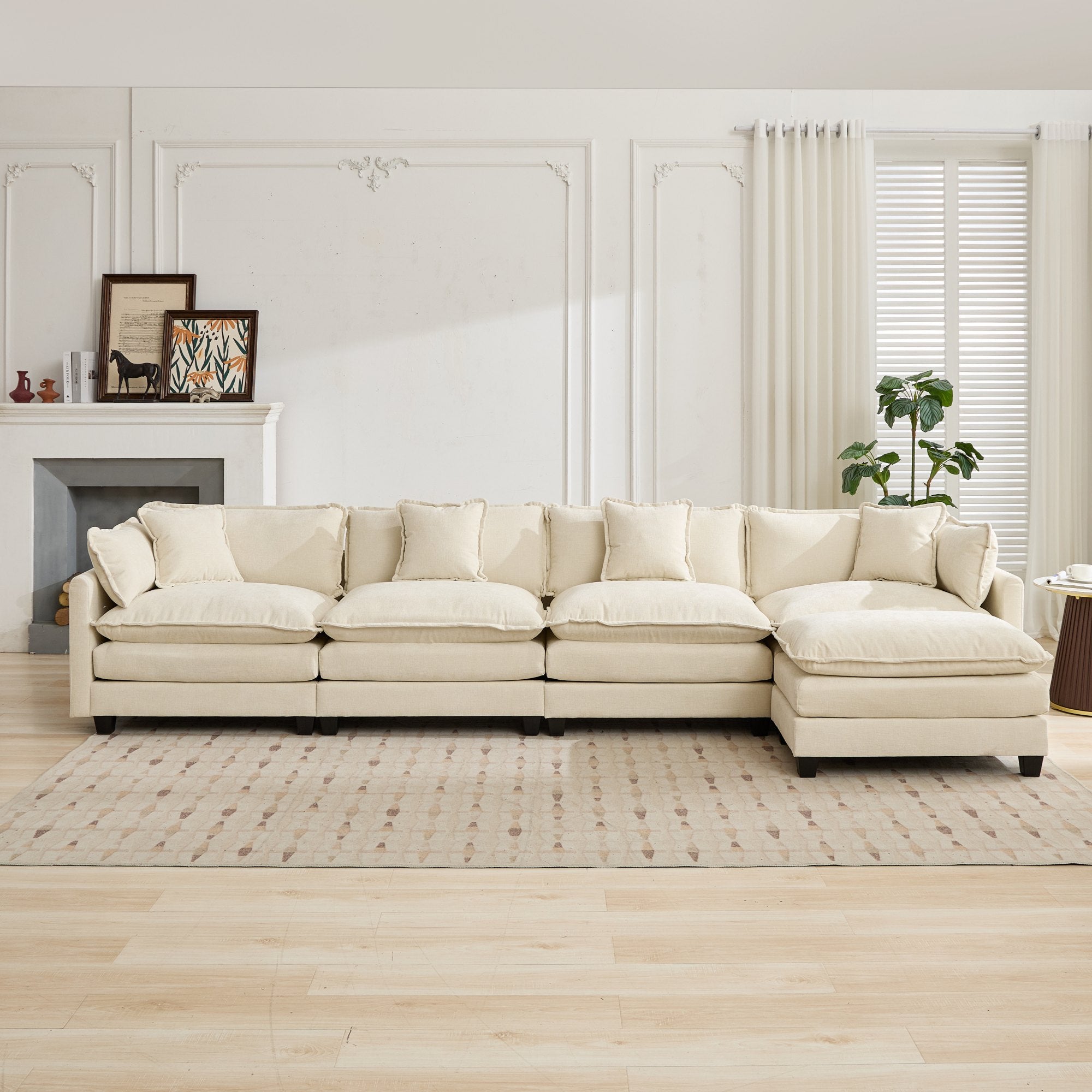 Cloud Sofa 4 Seats, Modern Sectional Couch with Double Layer Cushion, Beige Chenille Fabric