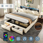5ft King Upholstered Bed Frame, Hydraulic & Drawers Storage, LED Adjustable Headboard, Linen Beige