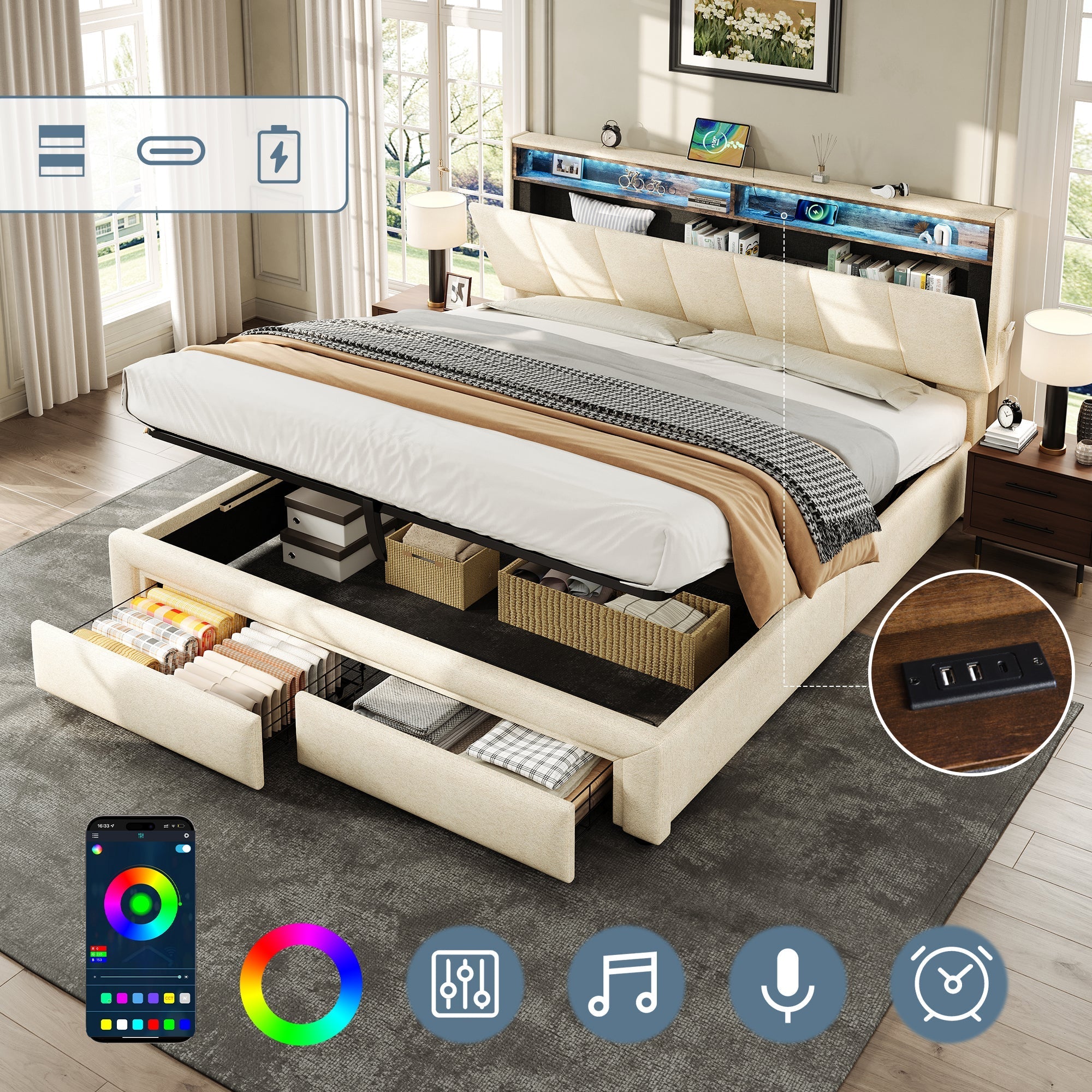 5ft King Upholstered Bed Frame, Hydraulic & Drawers Storage, LED Adjustable Headboard, Linen Beige