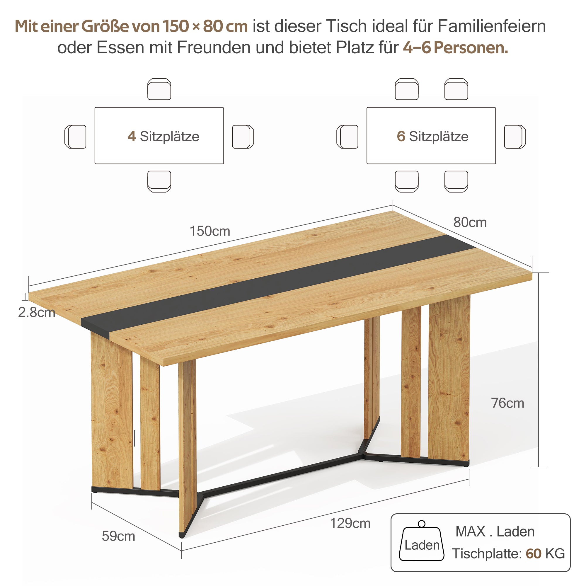 Scandinavian Dining Table 150cm, 2.8cm Thick, Waterproof, Oak Wood