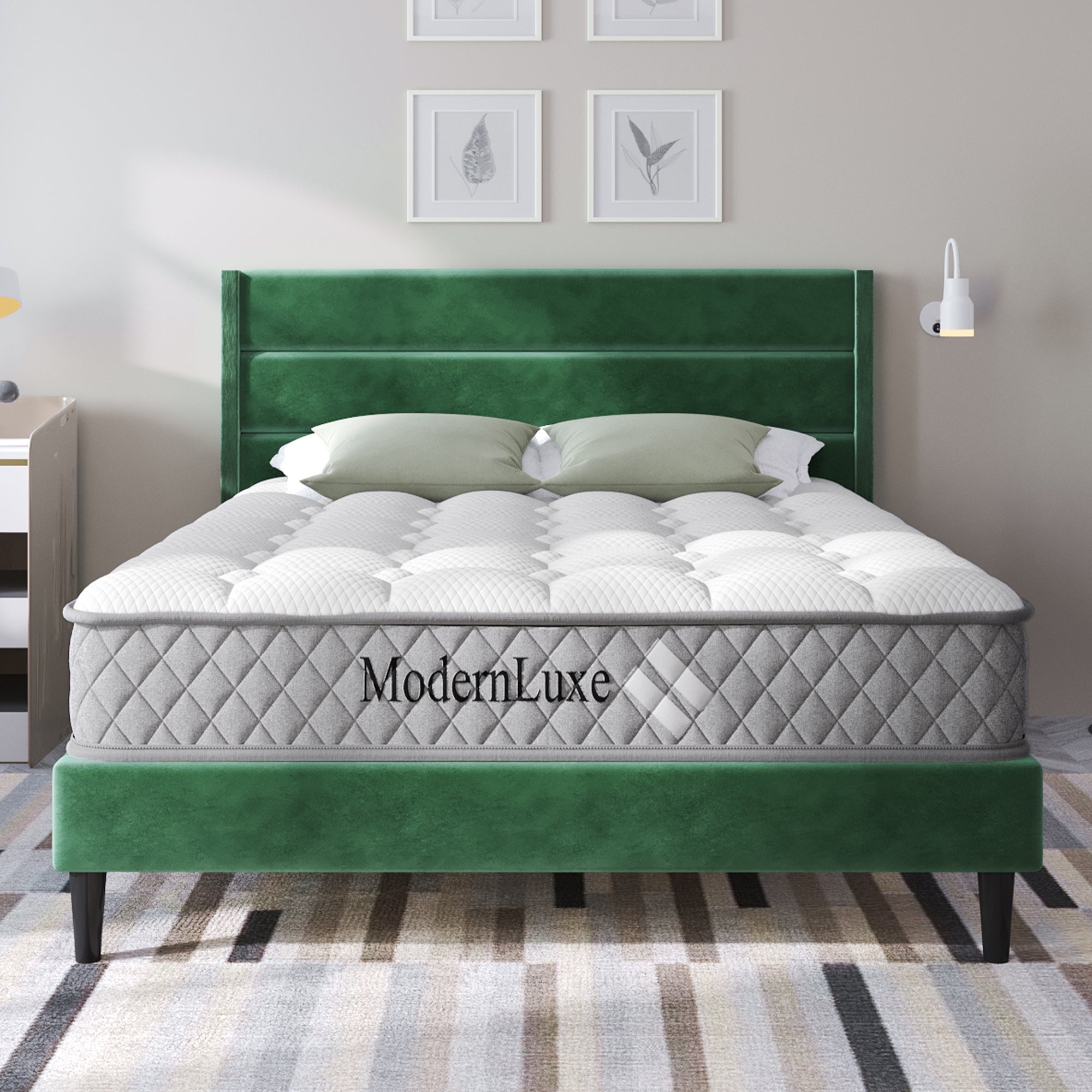 Upholstered Bed 140x200cm with Headboard, Dark Green Velvet