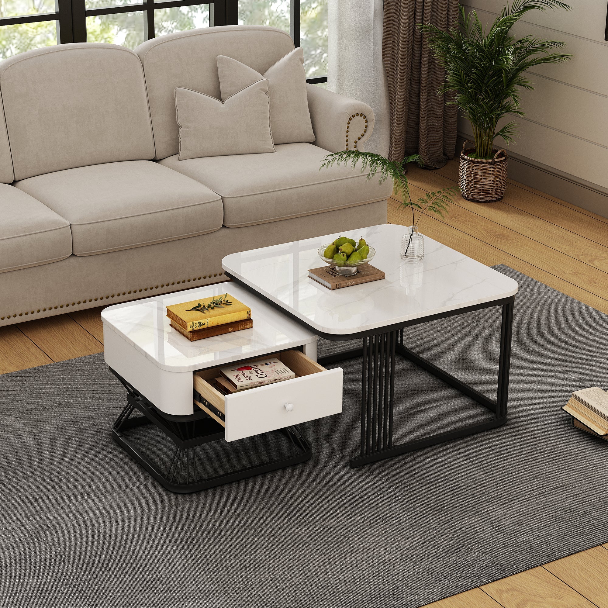 2-Piece Geometric Coffee Table Set with Drawer, High-Gloss Marble Look, White/Black
