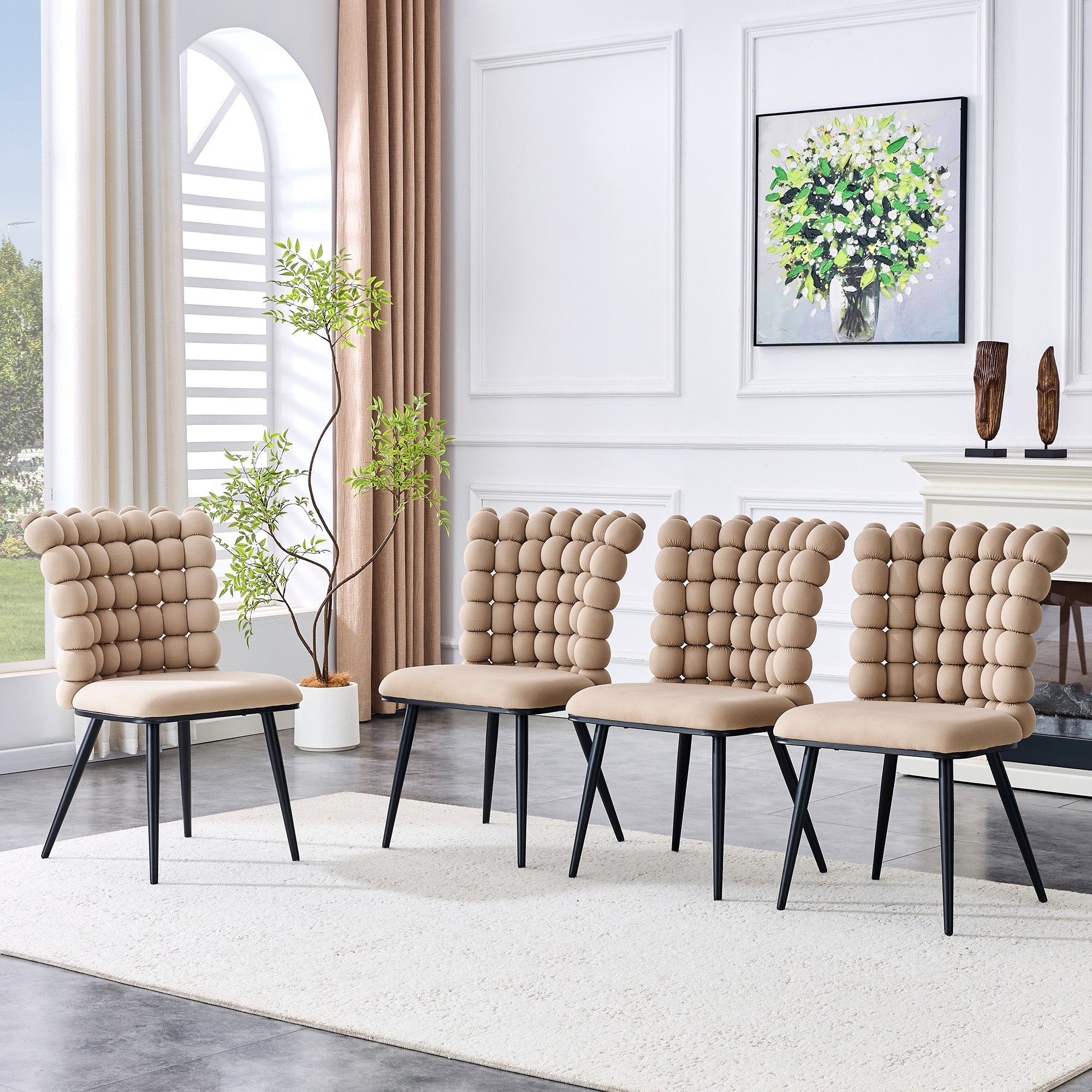 Dining Chairs (Set of 2) Velvet Beaded Chain Black Metal Legs - Camel