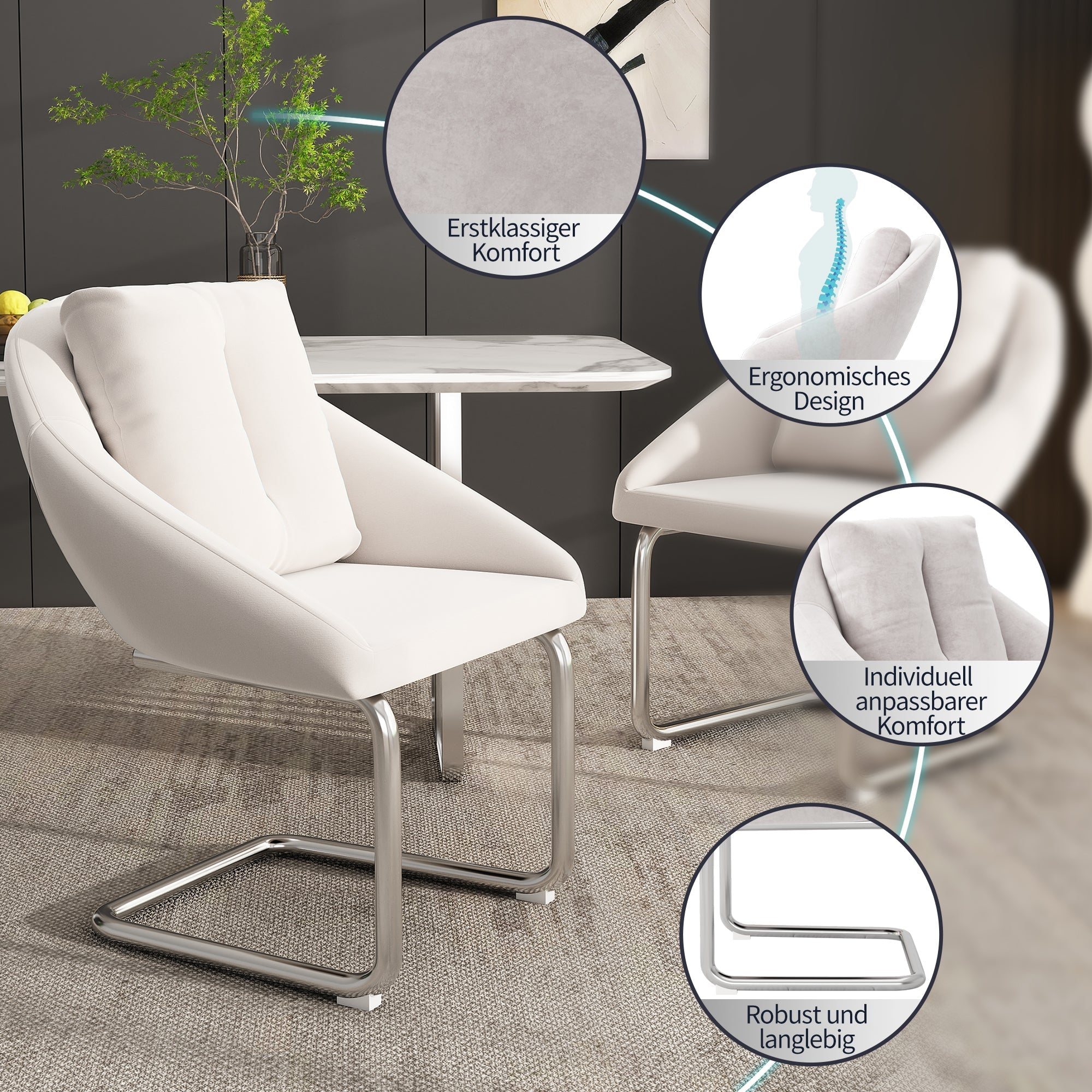 Velvet Dining Chairs, Set of 2 with Cushions, Curved Legs, Beige