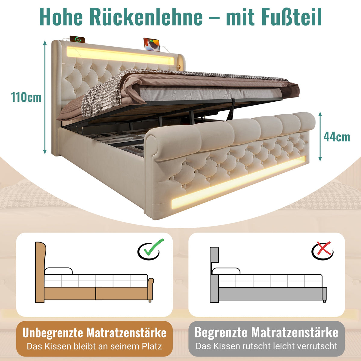 Upholstered Double Bed 160x200cm LED Lights USB/Type-C Storage Hydraulic Velvet Beige