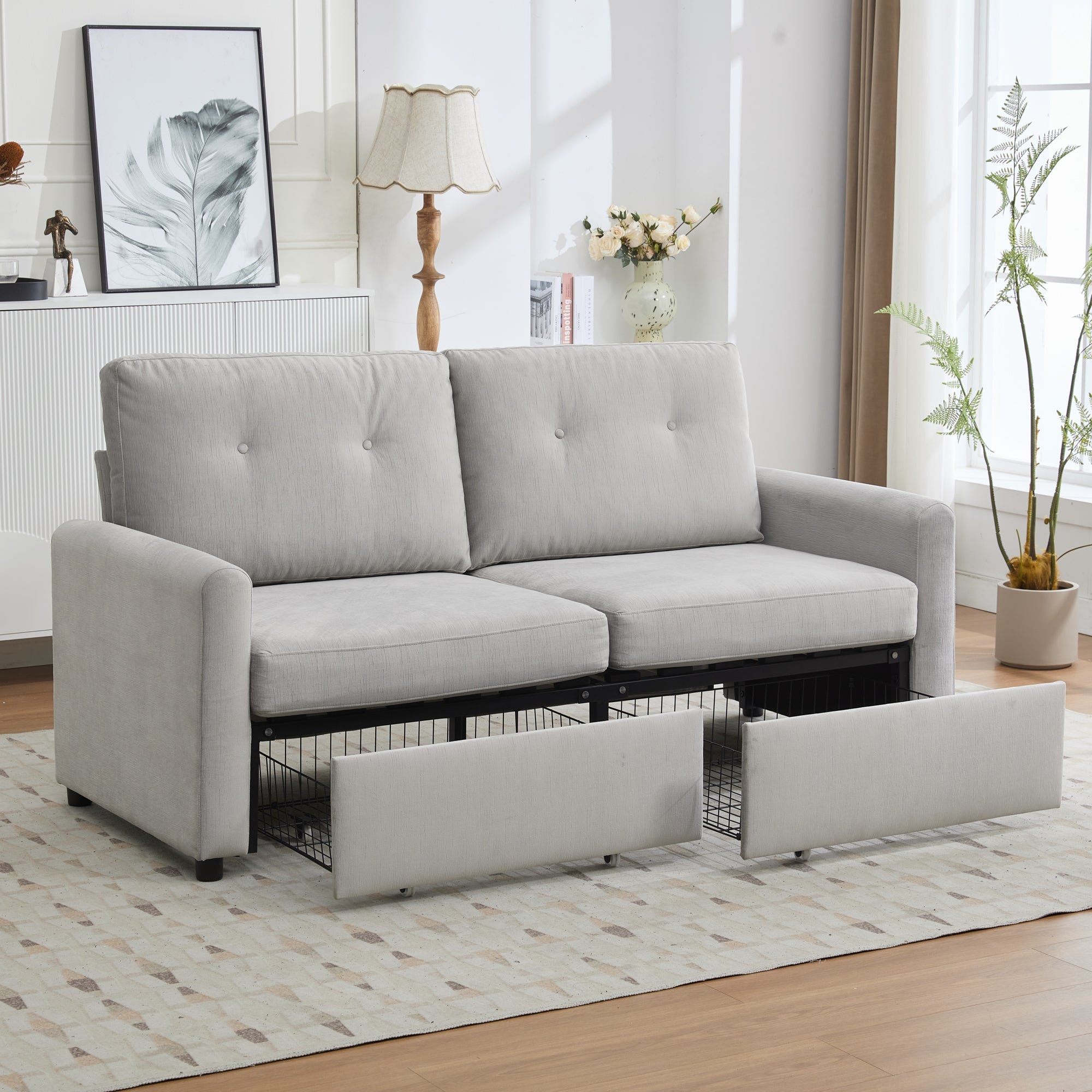 Modern Compact 2-Seater Sofa with Drawer Storage Durable Light Grey Fabric