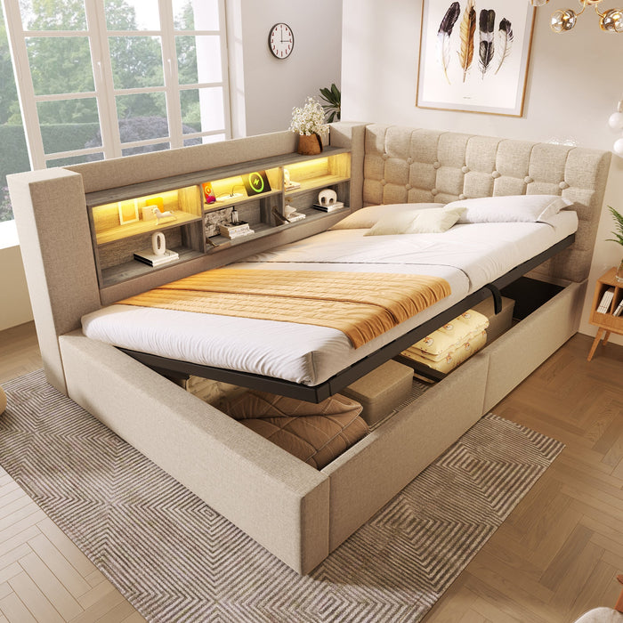 Upholstered Double Bed with LED Lighting, Hydraulic Storage and L-Shaped Headboard, Beige Linen Fabric