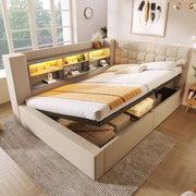 Upholstered Double Bed with LED Lighting, Hydraulic Storage and L-shaped Headboard, 140x200cm, Beige Linen