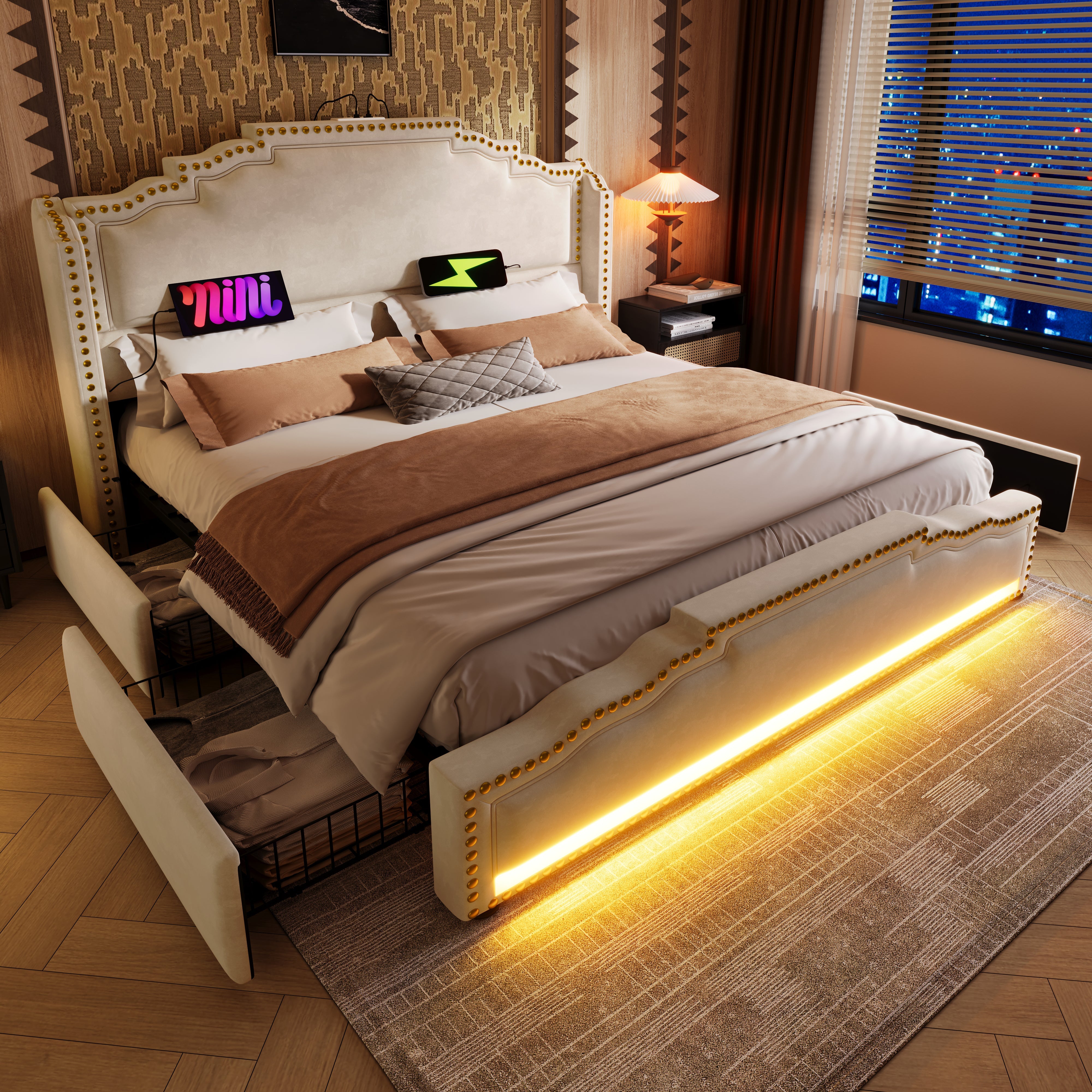 Upholstered Bed 140x200, Double with 4 Drawers, LED & USB-C, Beige Velvet