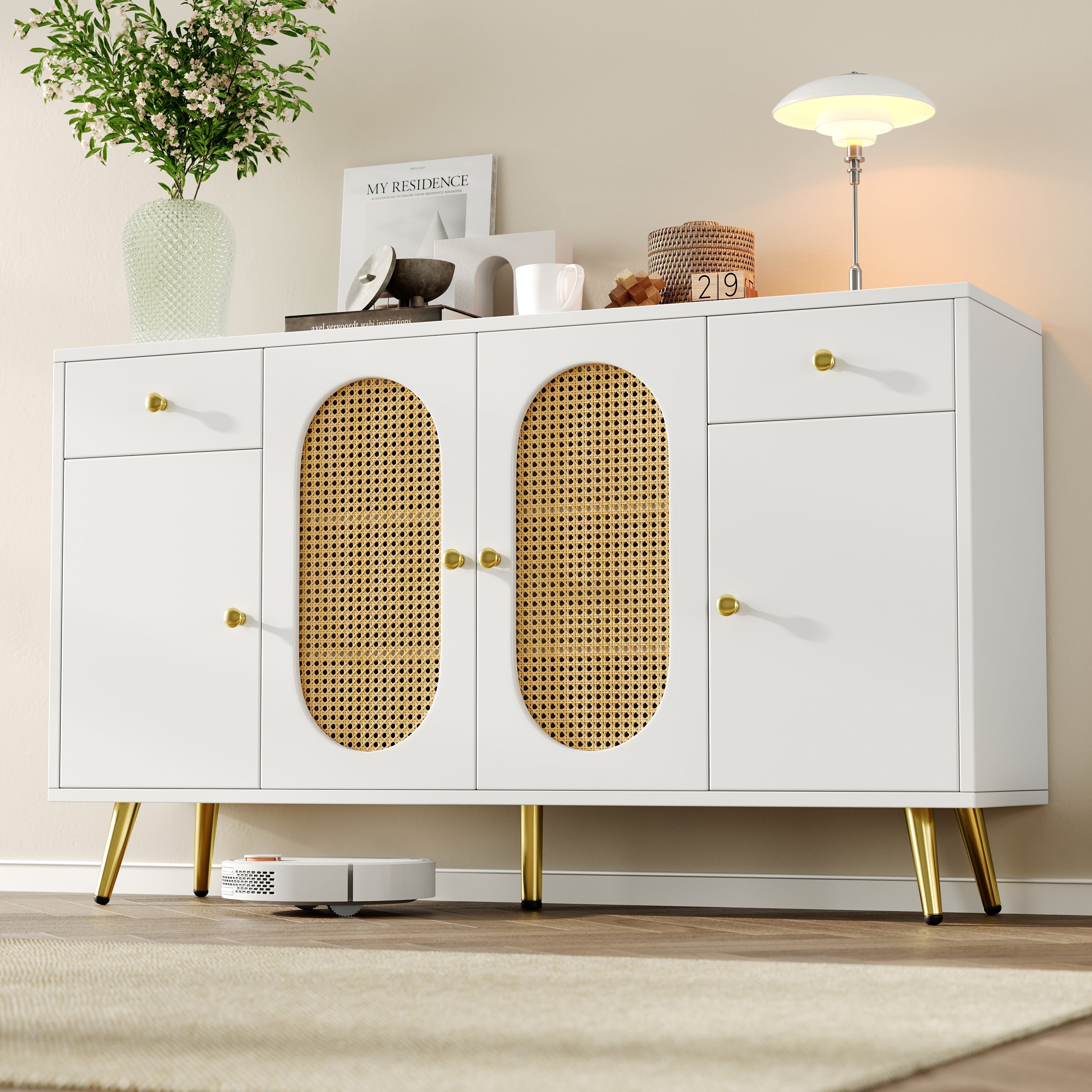 Chest of Drawers Sideboard 2 Drawers 4 Doors Adjustable Shelves White/Natural
