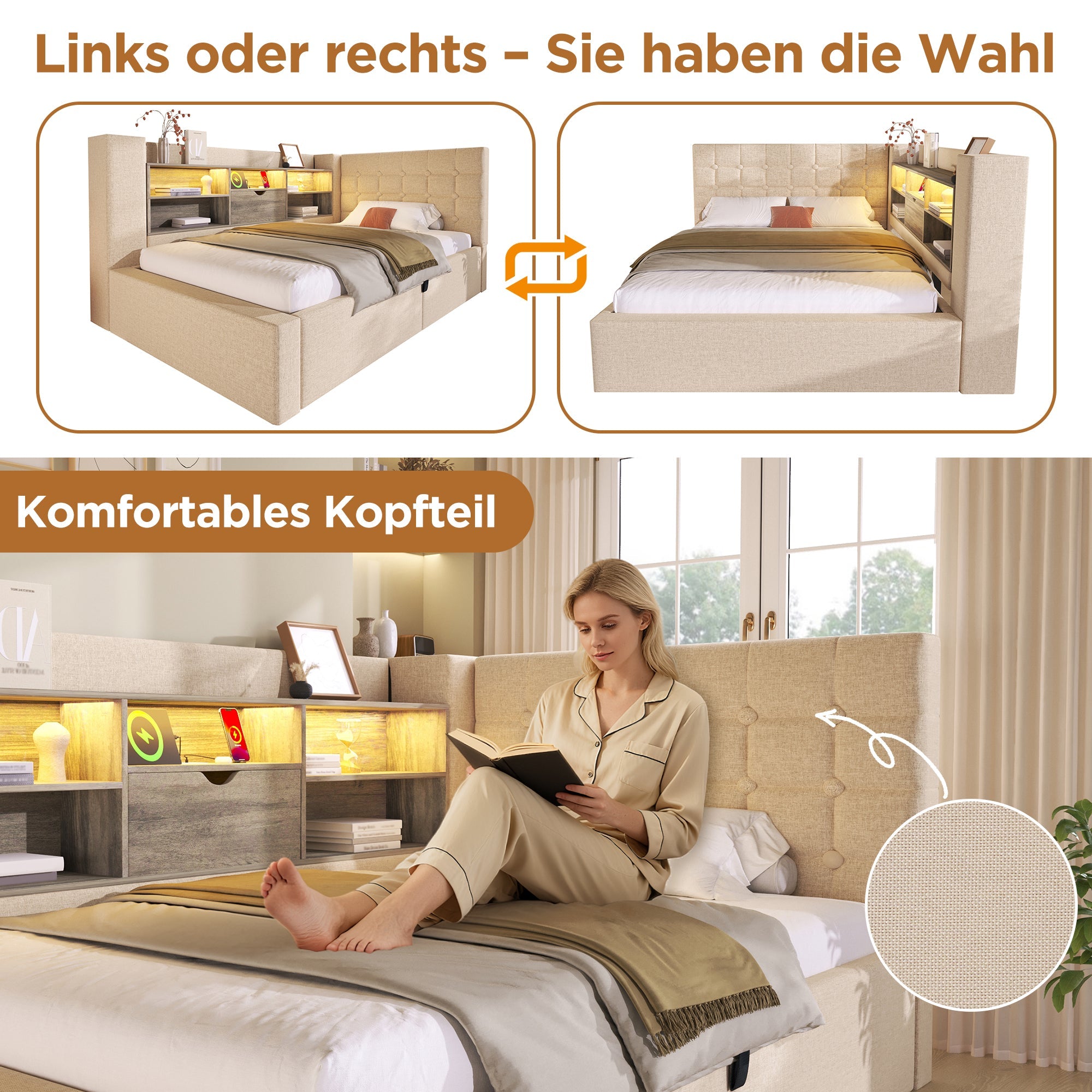 Upholstered Single Bed with LED, Hydraulic Storage and L-Shaped Headboard, 90x190cm, Beige Linen Fabric