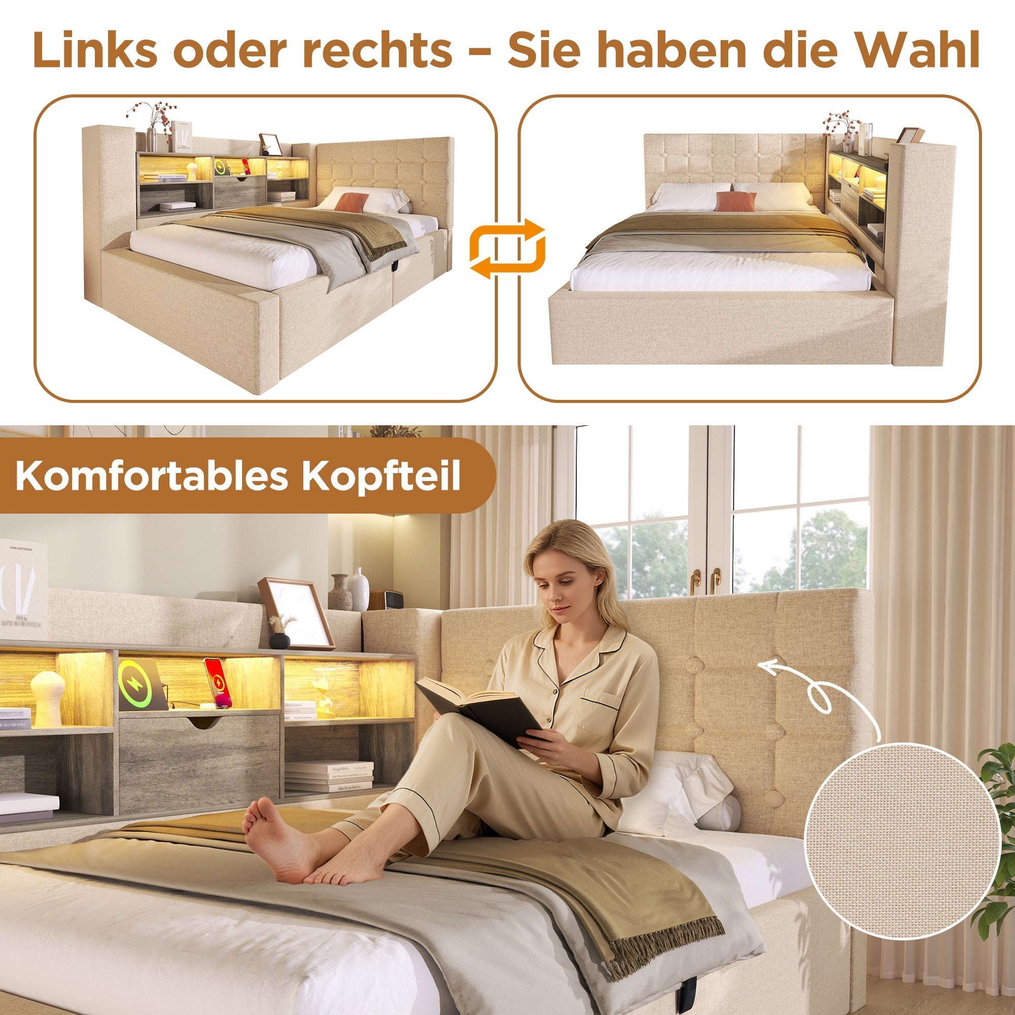 Upholstered Single Bed 90x200cm LED Hydraulic Storage L-Shaped Headboard - Linen Beige (With Mattress)