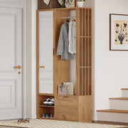 Wardrobe with Hallway, 6-in-1 Entryway 100x33x190cm Clothes Rack Mirror, Wood Color