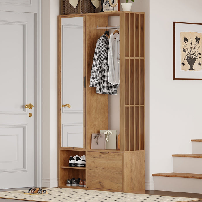 Wardrobe with Hallway, 6-in-1 Entryway 100x33x190cm Clothes Rack Mirror, Wood Color