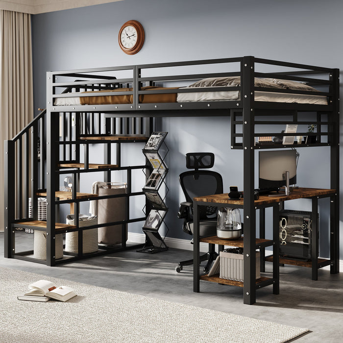 Loft Bed with Desk, Storage Stairs, Handrails, 120x200cm, Iron + Chipboard Black