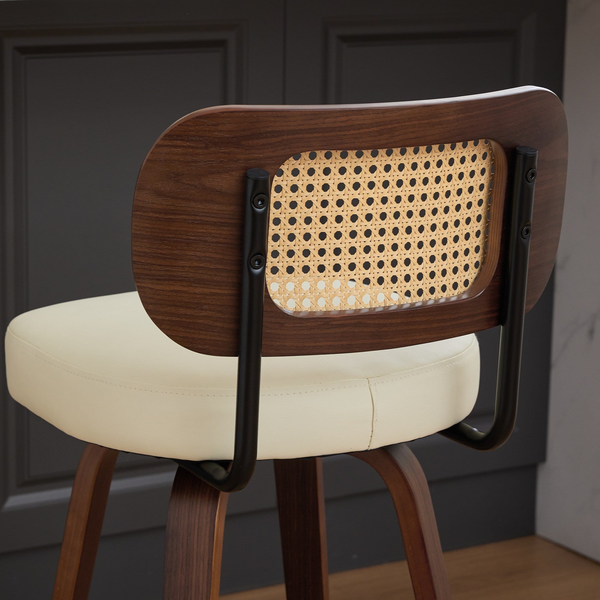 Set of 3 Swivel Bar Stools with Rattan Cane Back and Upholstered Seat, Walnut and Beige