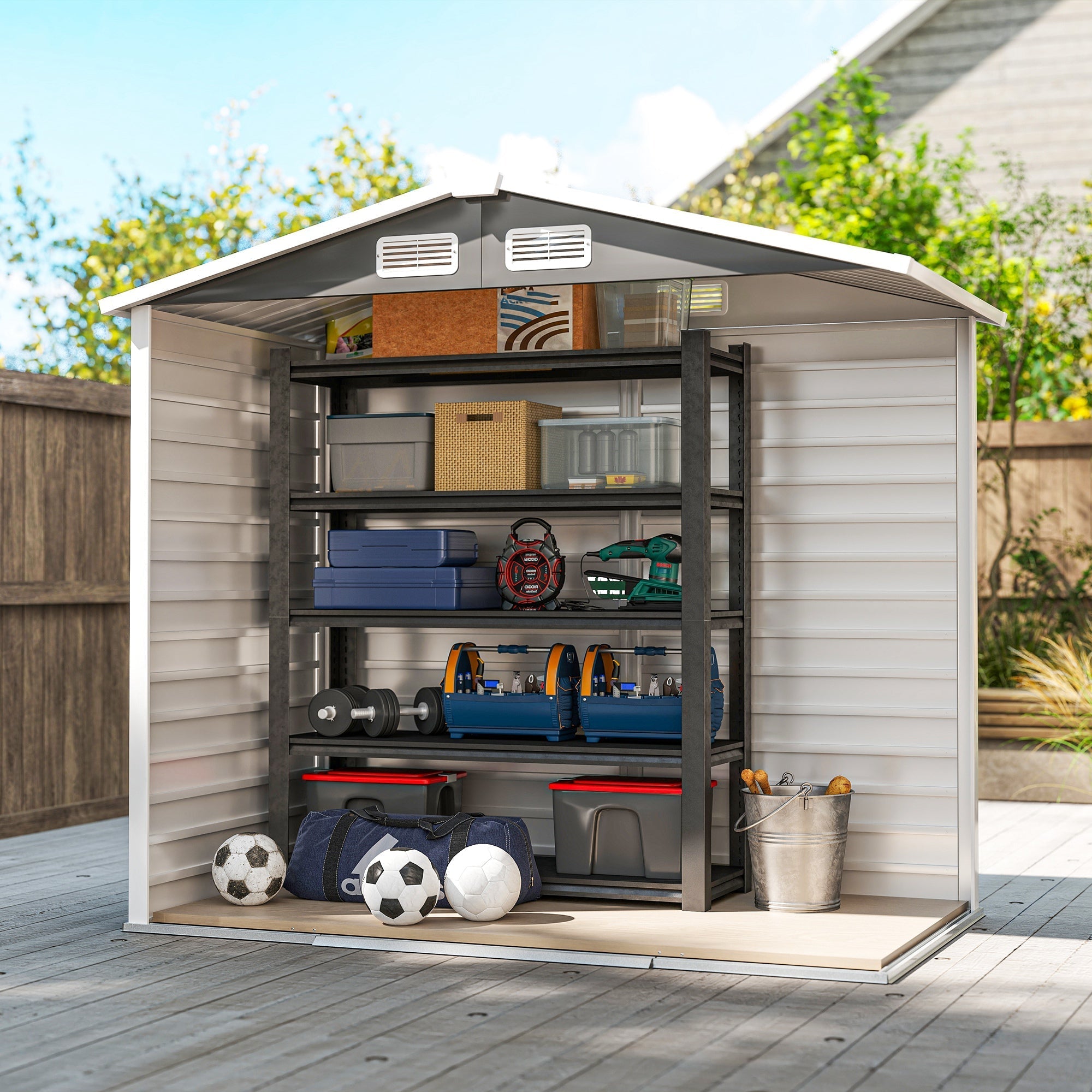 Garden Shed 7x4ft, Easy Assemble, Galvanised Steel Frame, Double Doors, Dark Grey
