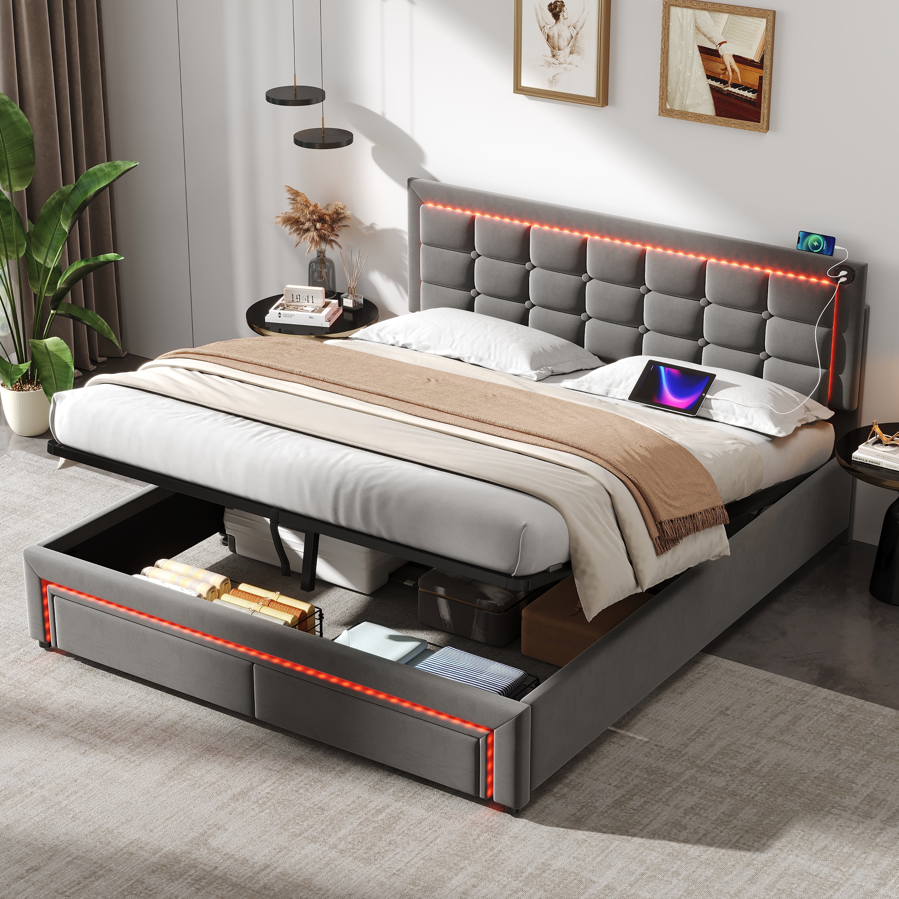 4ft6 Double Upholstered Bed Frame, Hydraulic Storage, LED Headboard, Charging Station, Grey Velvet