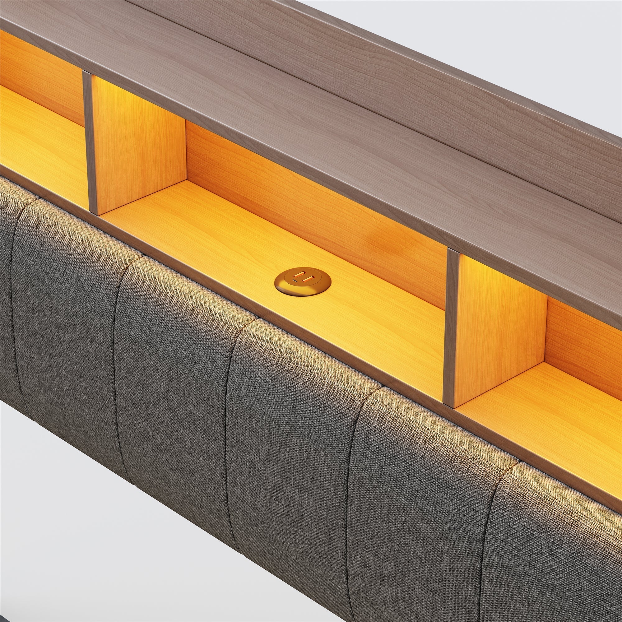 Upholstered Bed with LED Lighting, USB & Type-C Ports, and Headboard Storage, Grey