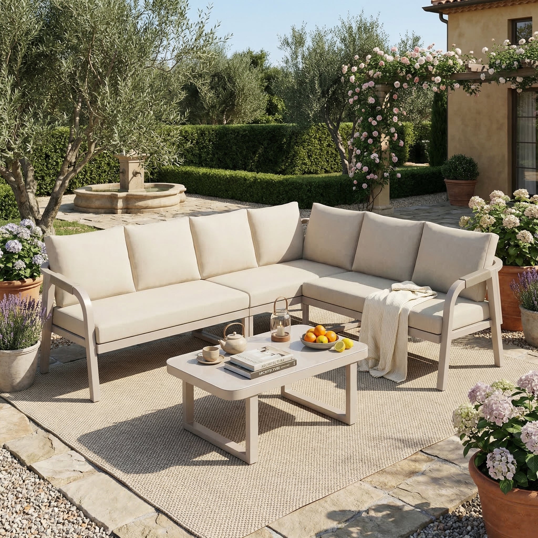 Garden Furniture Set with Corner Sofa and Coffee Table, Seats 6, Woven Beige Steel Tubes