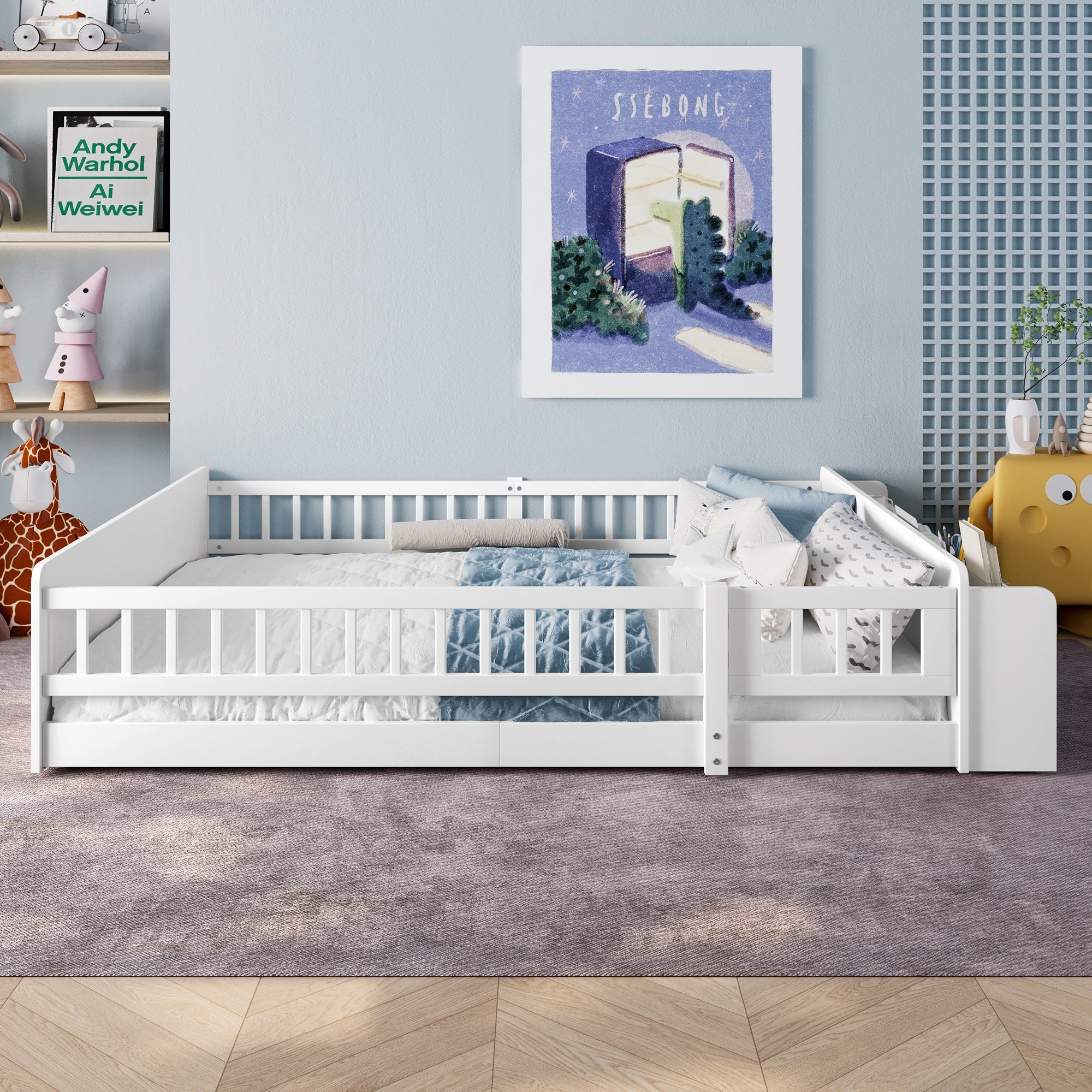 Wooden Children's Bed 140x200cm Open Storage Shelves Pine Wood - White