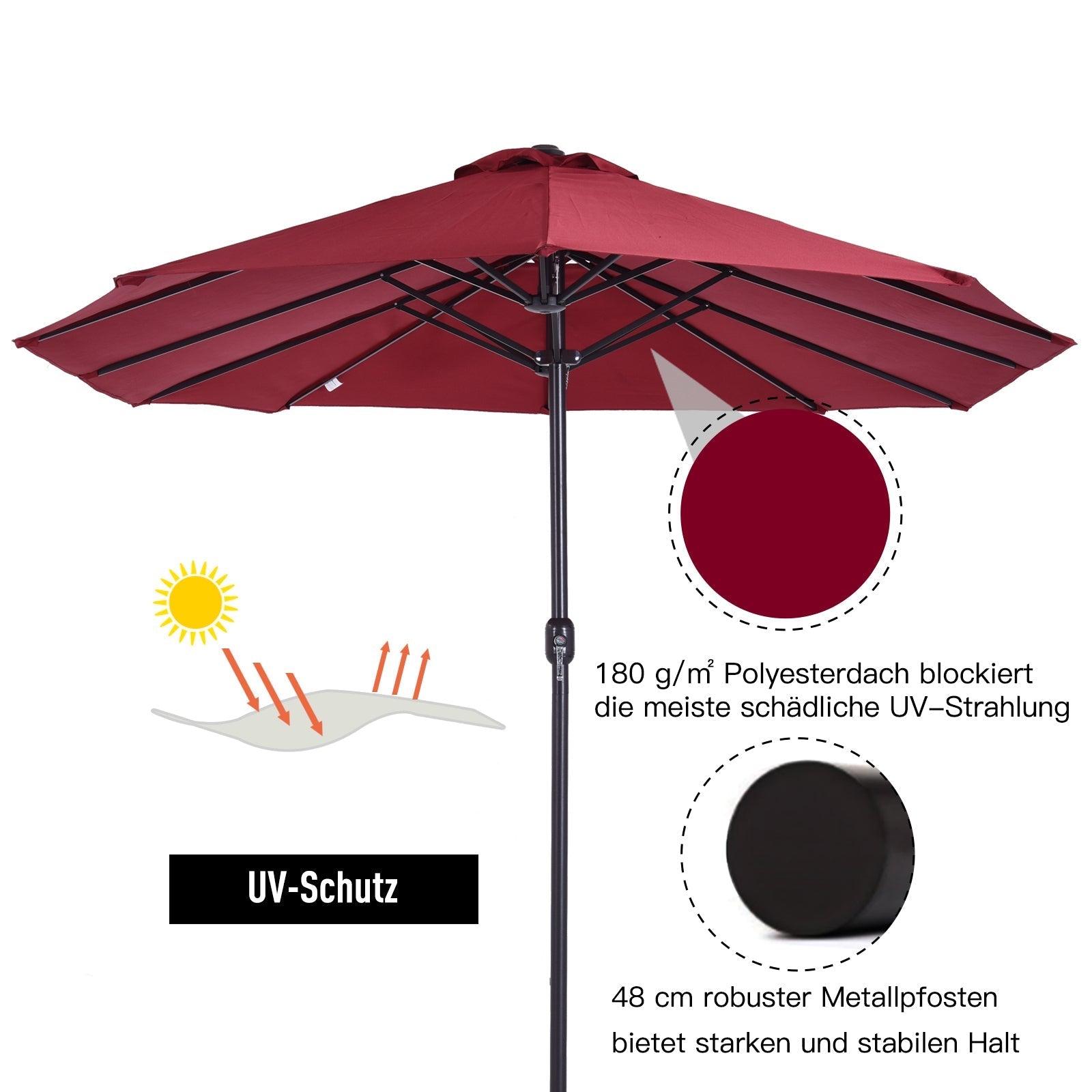 Parasol Garden Umbrella Double Patio 455 x 270 cm Hand Crank Oval, Wine Red