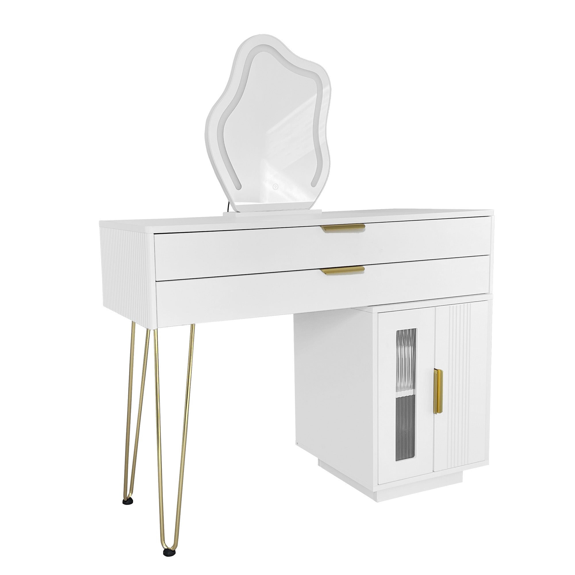 Dressing table with LED-lit mirror, extendable design, white