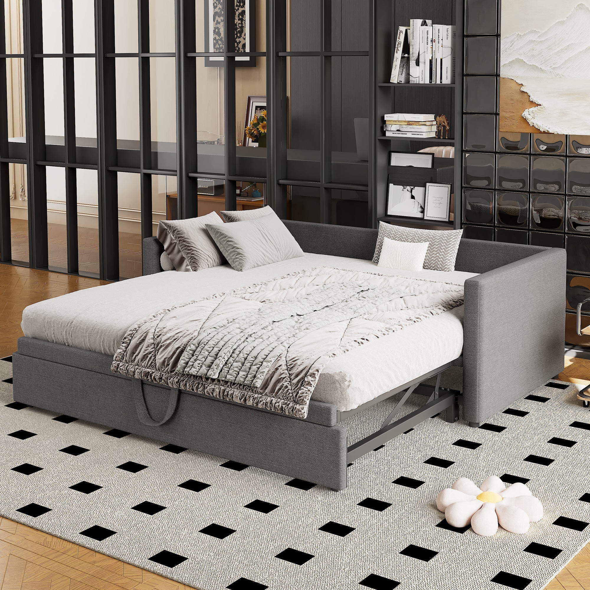 3ft Single Grey Linen Upholstered Bed with Pull-Out Trundle – Daybed Sofa