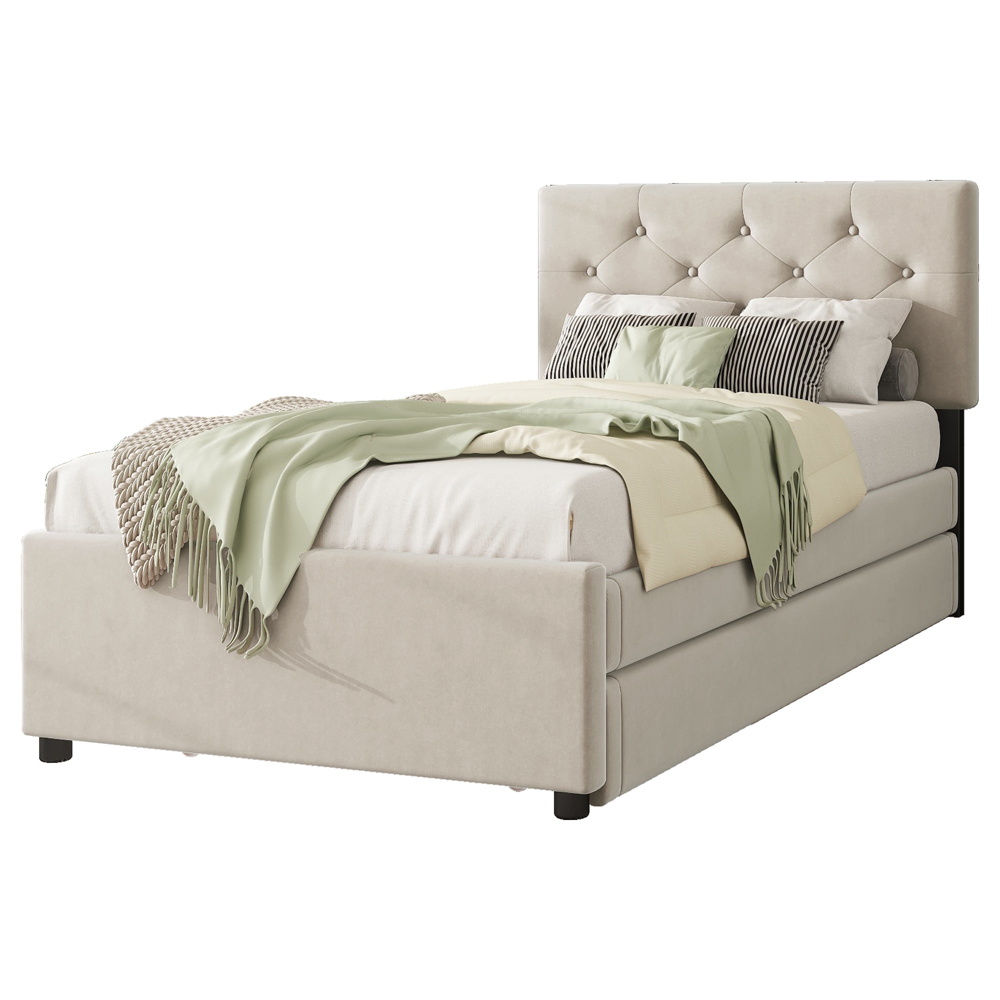 Upholstered Bed with Slatted Base and Rolling Storage, 90x200cm, Beige Velvet