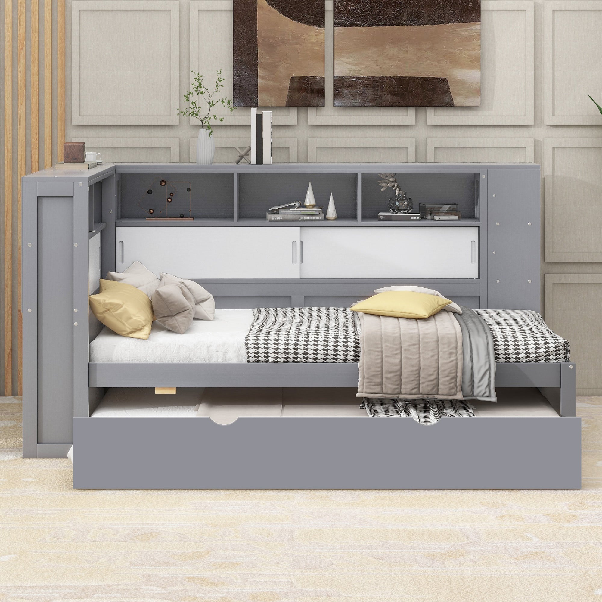 Daybed Sofa Bed 90x200cm Pull-out Storage USB Port - Grey Chipboard