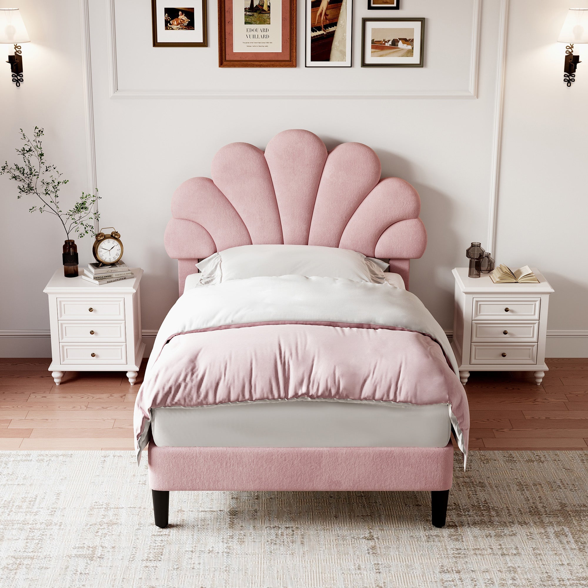 3ft Single Upholstered Velvet Bed Frame, Adjustable Chic Petal Headboard, Pink