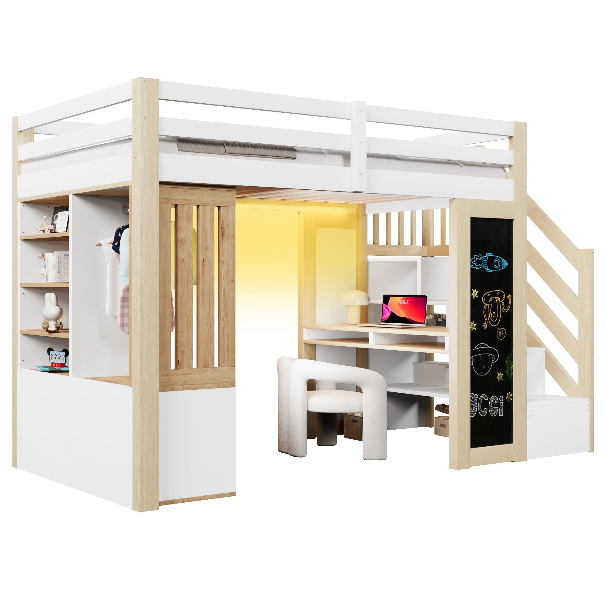 Loft Bed 90x200 with Desk, Wardrobe and LED Lighting, White and Natural
