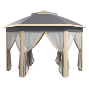 Pop-up Folding Pavilion, Hexagonal 4x4m Water UV-Resistant Double Roof, Polyester Beige/Khaki