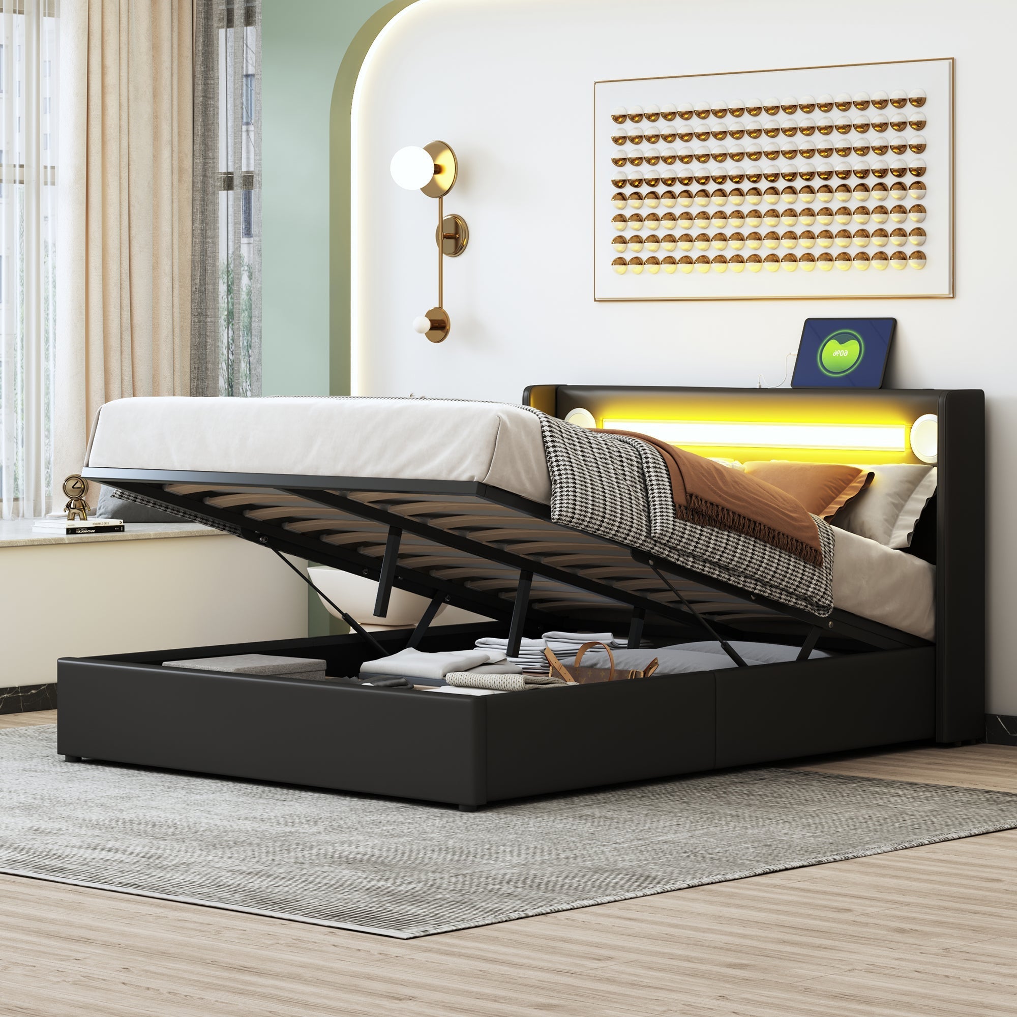 Upholstered Bed, 140x200 LED, Bluetooth & USB, PU Leather Black