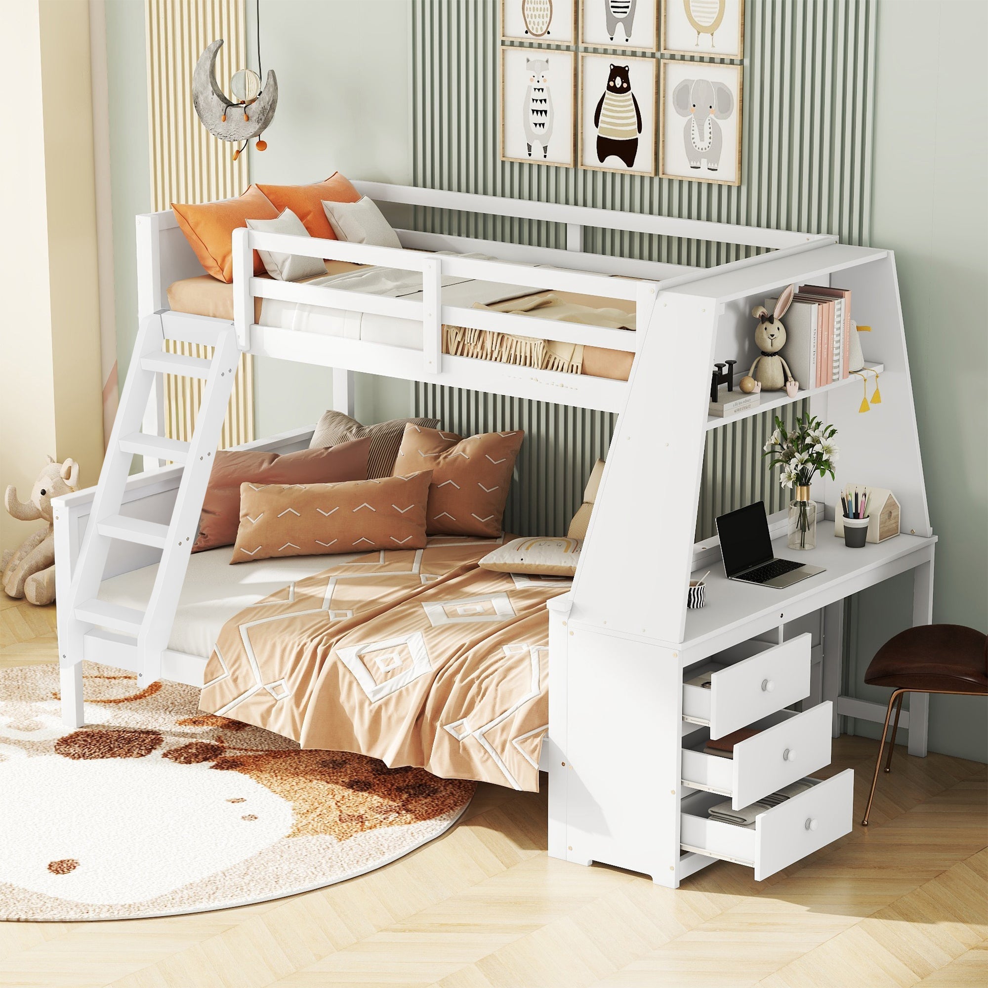Bunk Bed 90x200cm/140x200cm Table Storage High Railing - White