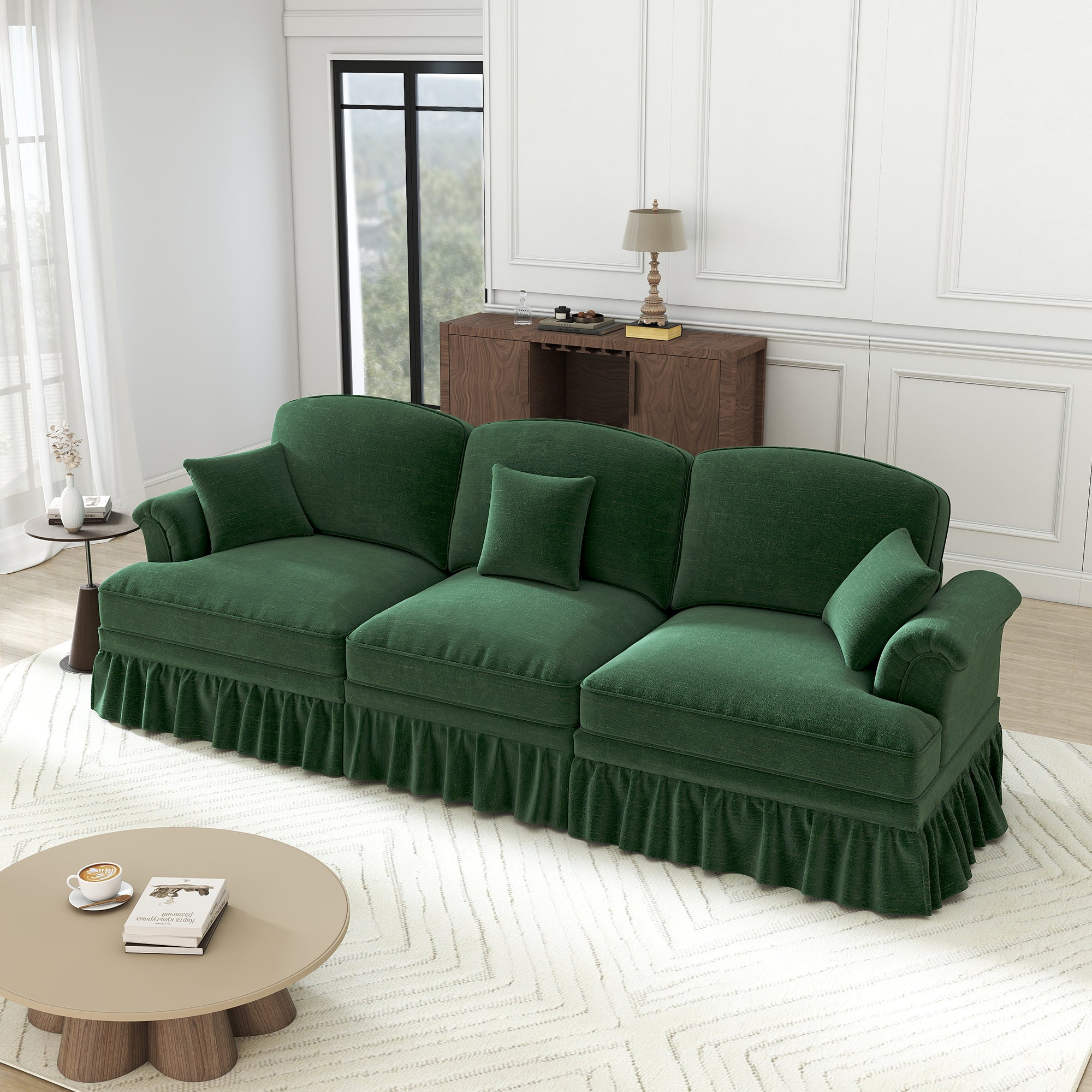 3-Seater Sofa Mid-Century Chenille Ruffled Apron Spindle Legs - Green