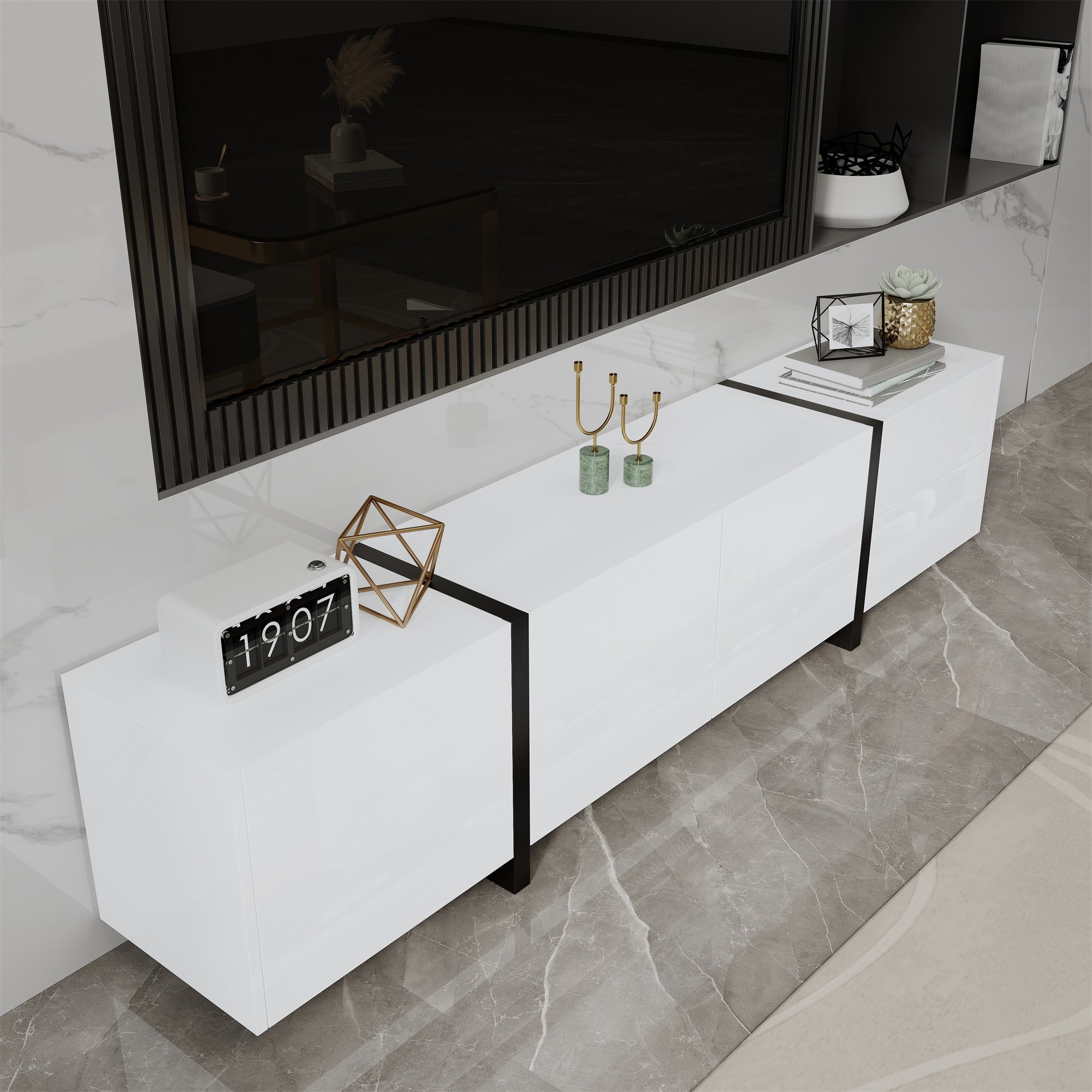 TV Cabinet, Lowboard, High-Gloss White with Black Legs