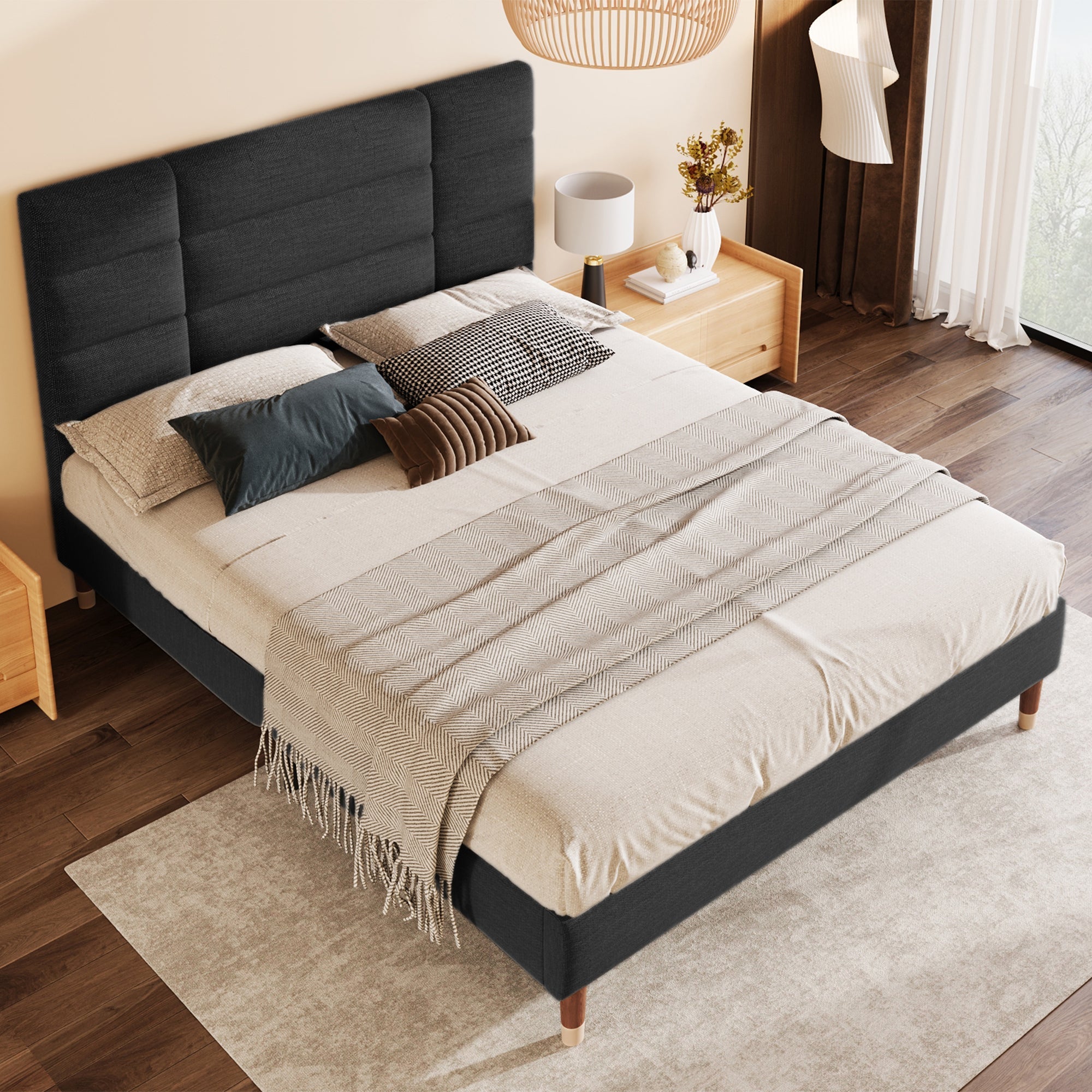 Upholstered bed, double with slatted frame 140x200cm, black linen