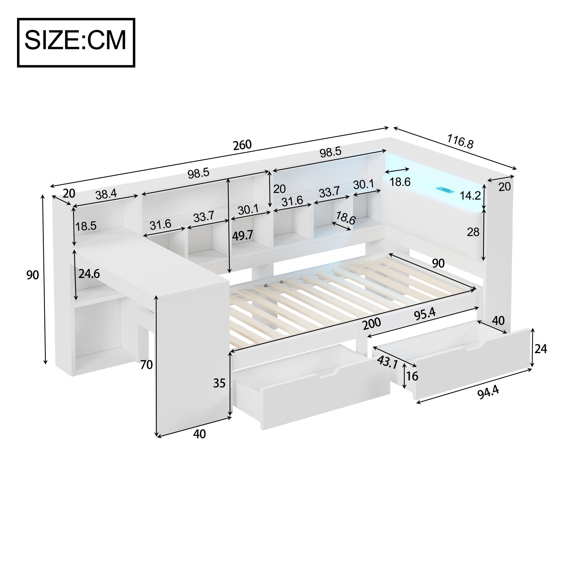 L-Shaped Platform Bed 90x200 Desk Bookshelf Drawers LED - White