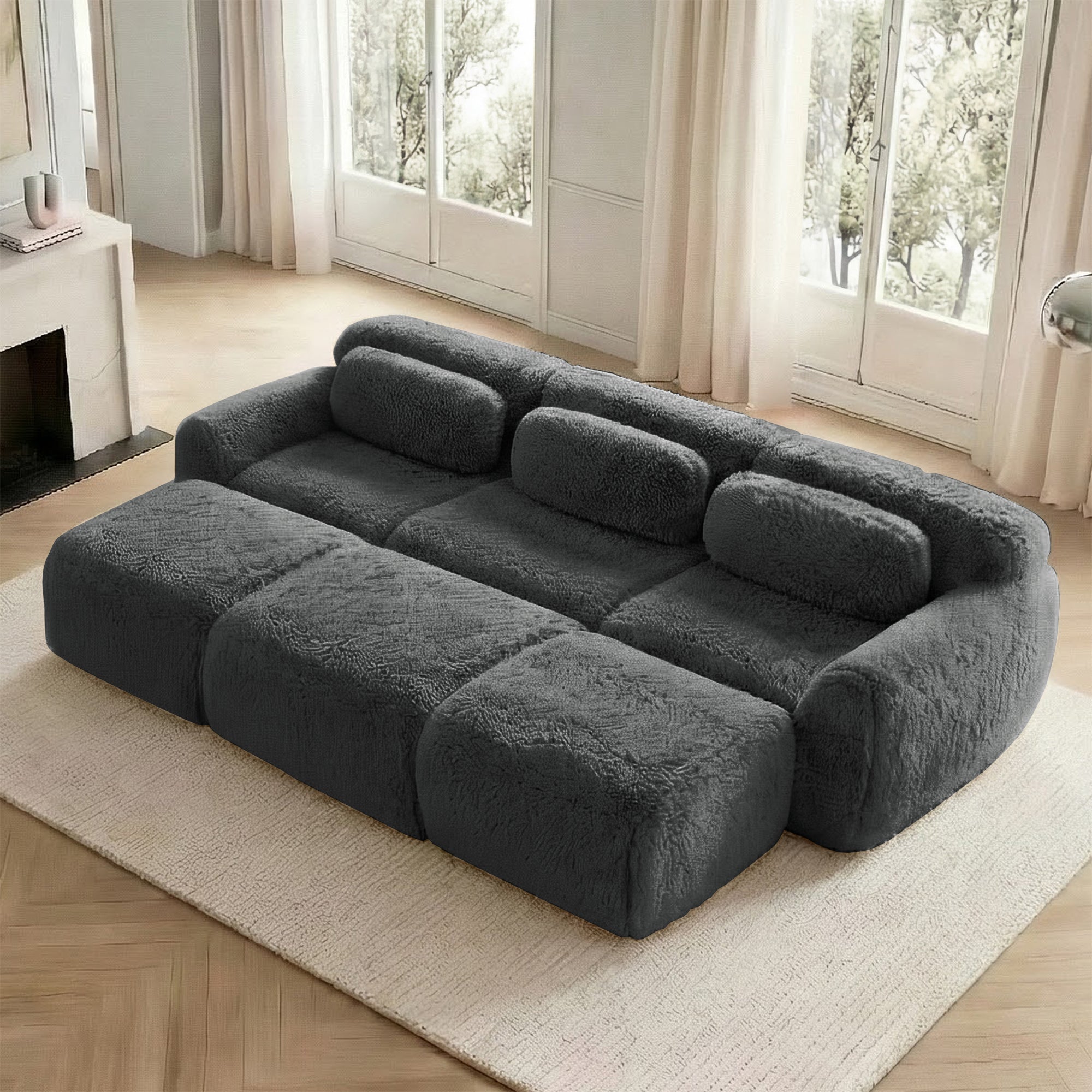Boneless Cloud Modular Sleeper Sofa 3 Ottomans - Grey Plush Fabric