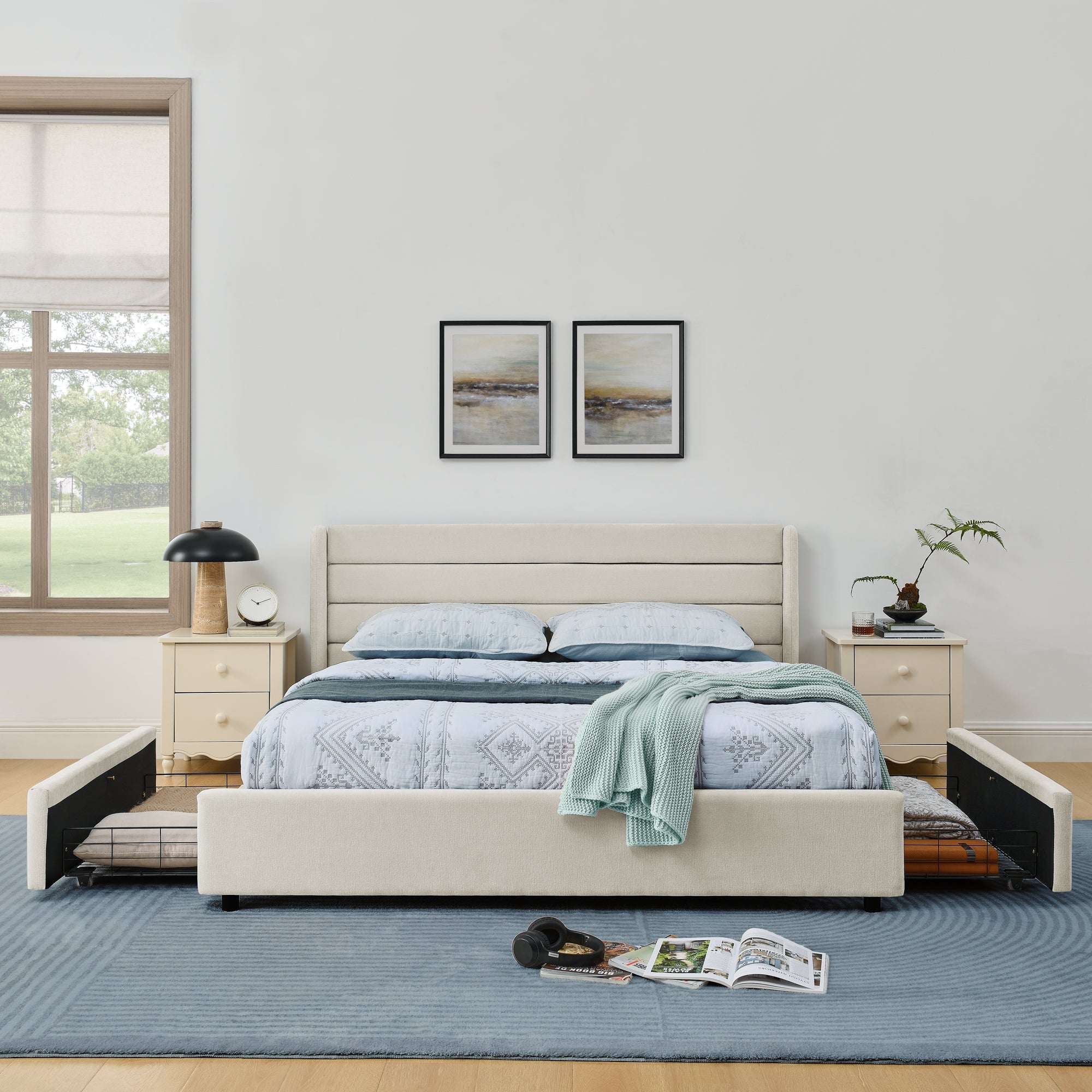 Double Bed 140x200cm 4 Storage Drawers Chenille - Beige