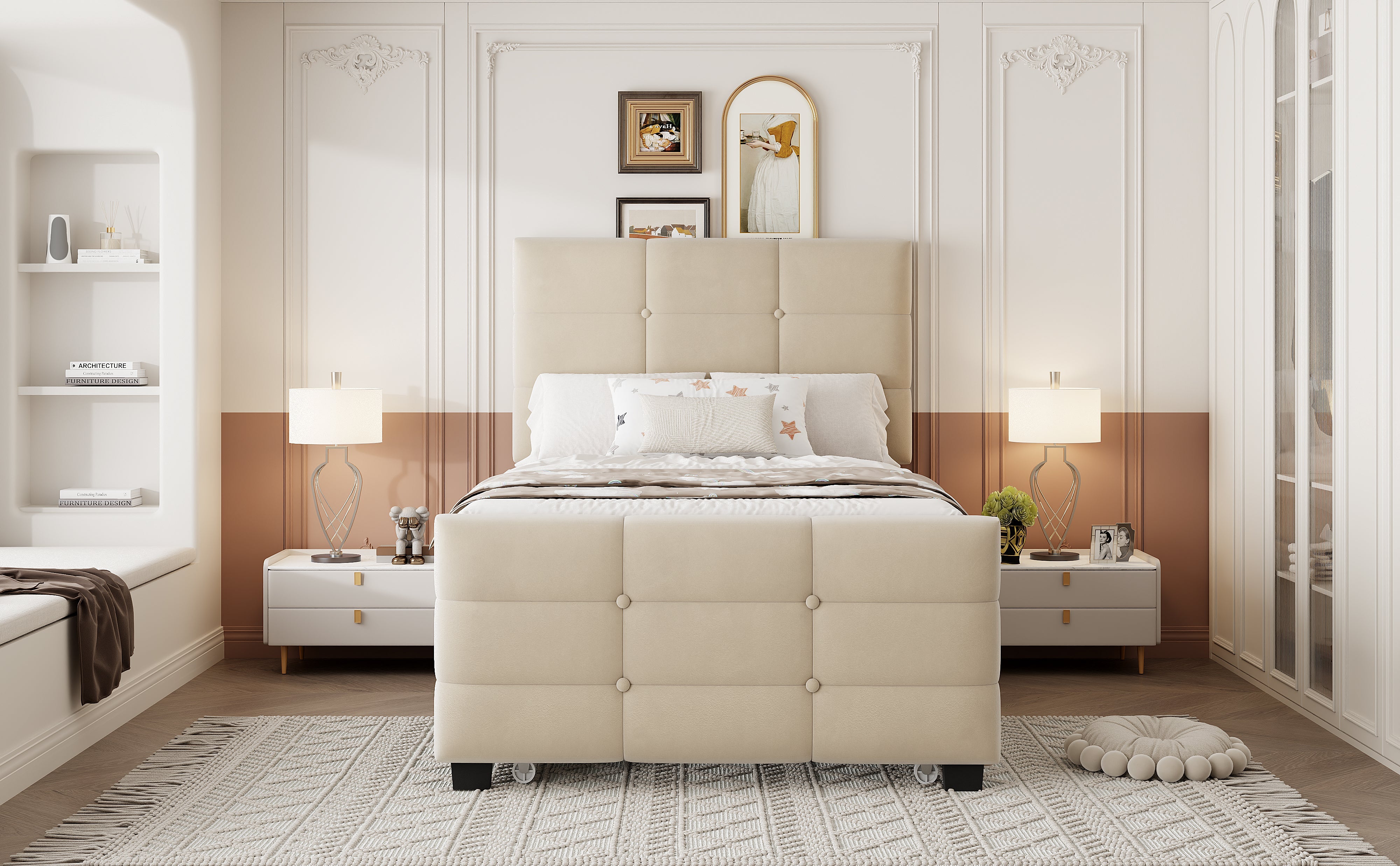 Upholstered Single Bed with Pull-out Guest Bed and Slatted Frame, 90x190cm, Beige Velvet