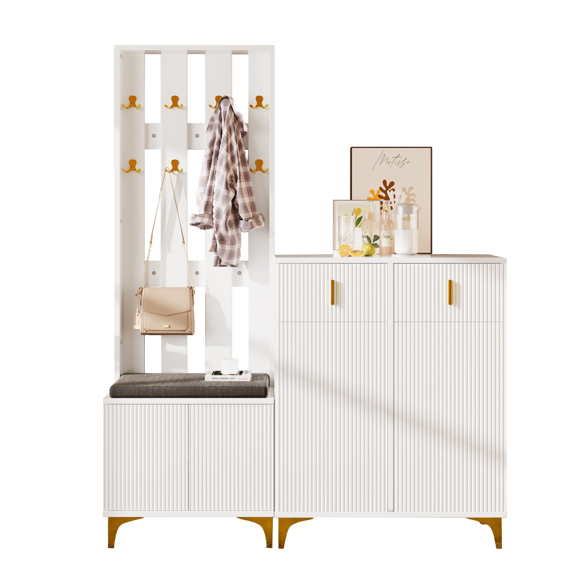 Wardrobe Set with Shoe Bench, Cushions, Hooks, Drawers, and Doors, White