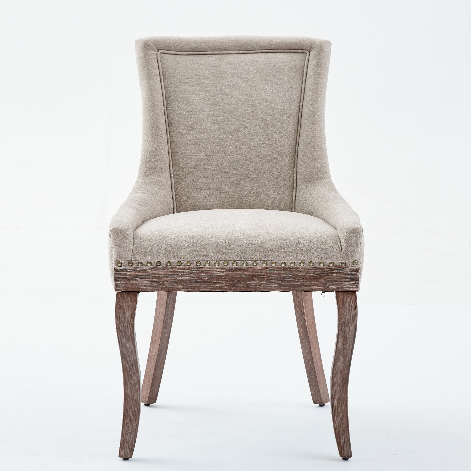 A&A Furniture Ultra Side Dining Chair Thick Fabric Solid Wood Legs Bronze Nail Head Set of 2 - Beige