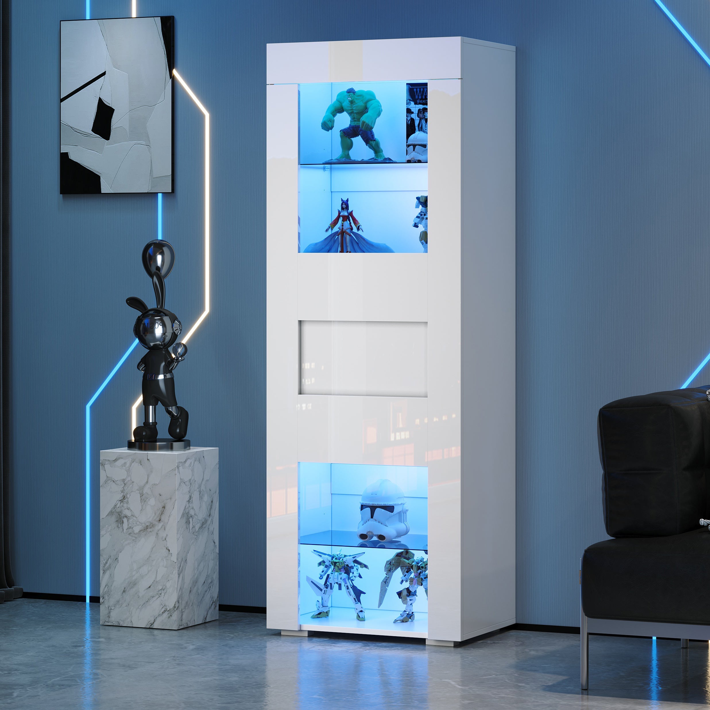Cabinet High-Gloss Display Storage with LED Lighting, 2 Glass Shelves, White