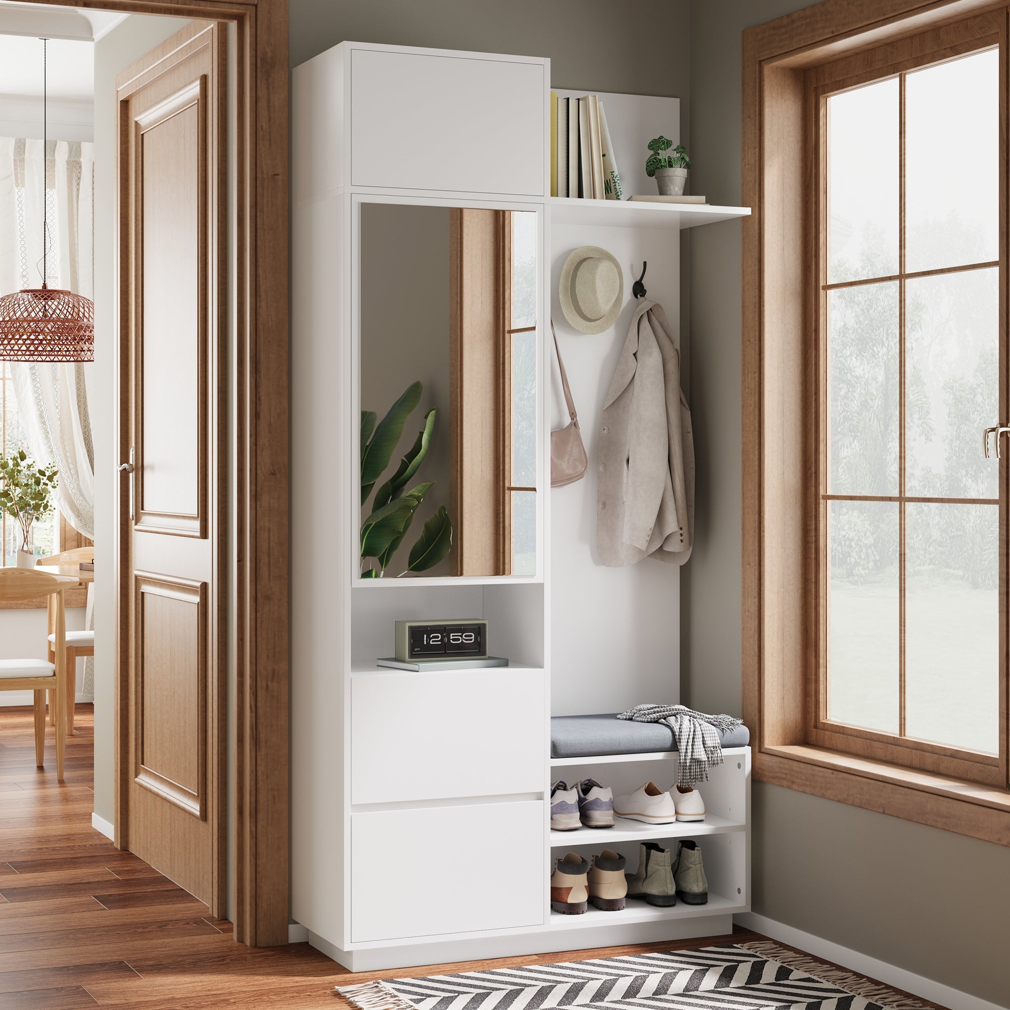 Compact Wardrobe with Mirror, Bench & Shoe Cabinet, White MDF