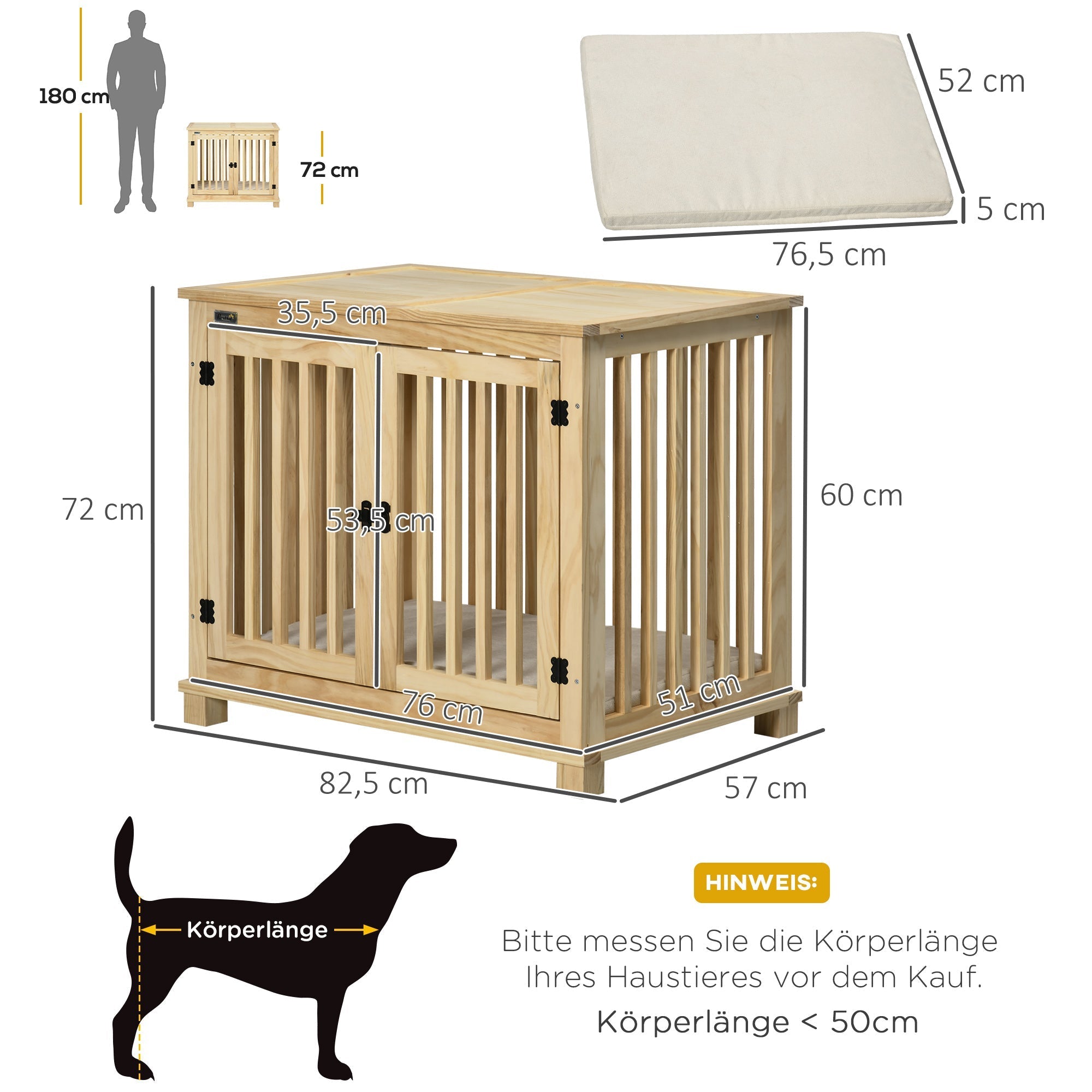 Hundebox für mittelgroße Hunde, Kissen, Naturholz in Cremeweiß